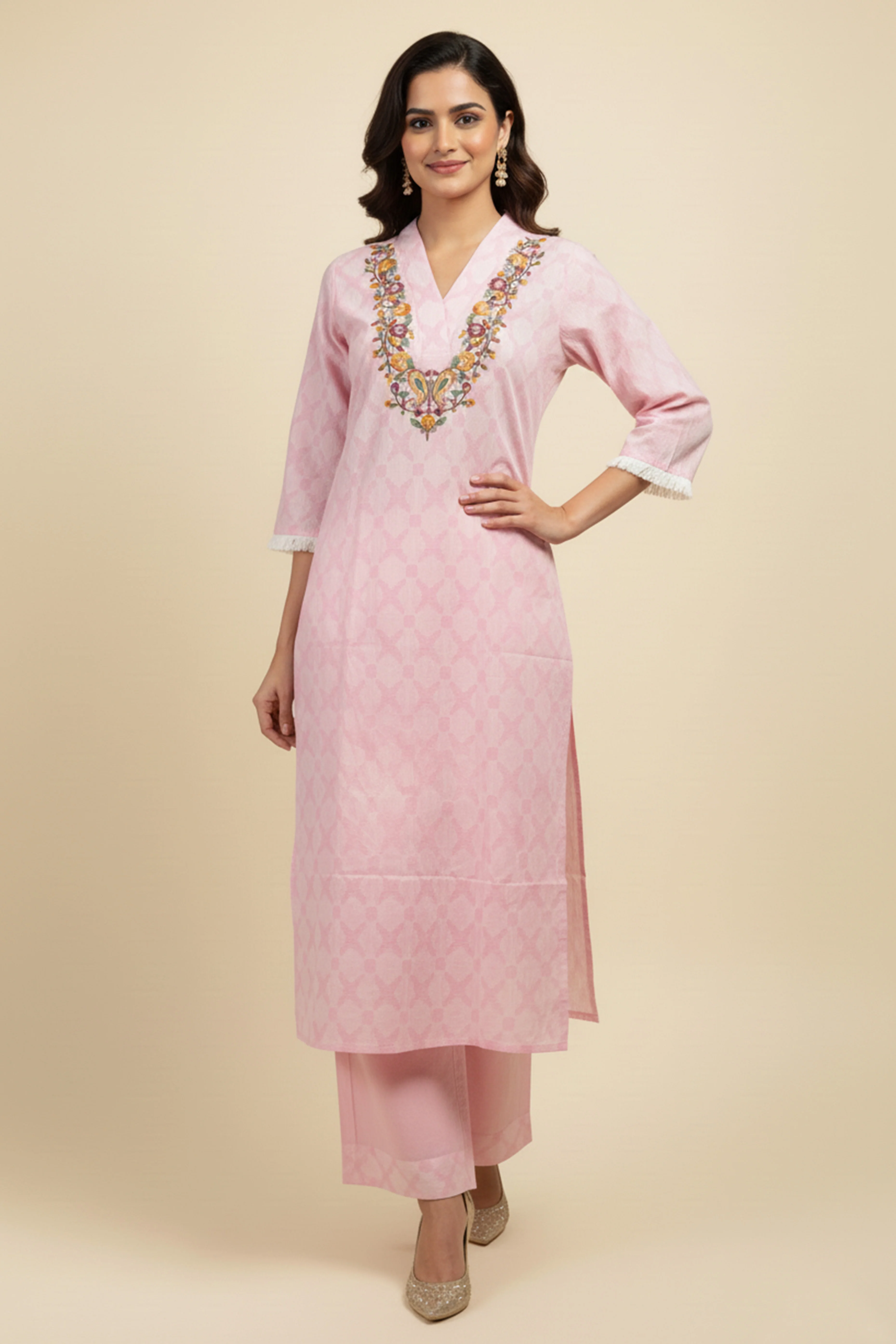 Pink Pure Cotton Two-Piece Set with Embroidered Yoke and Contemporary Print - Image 5