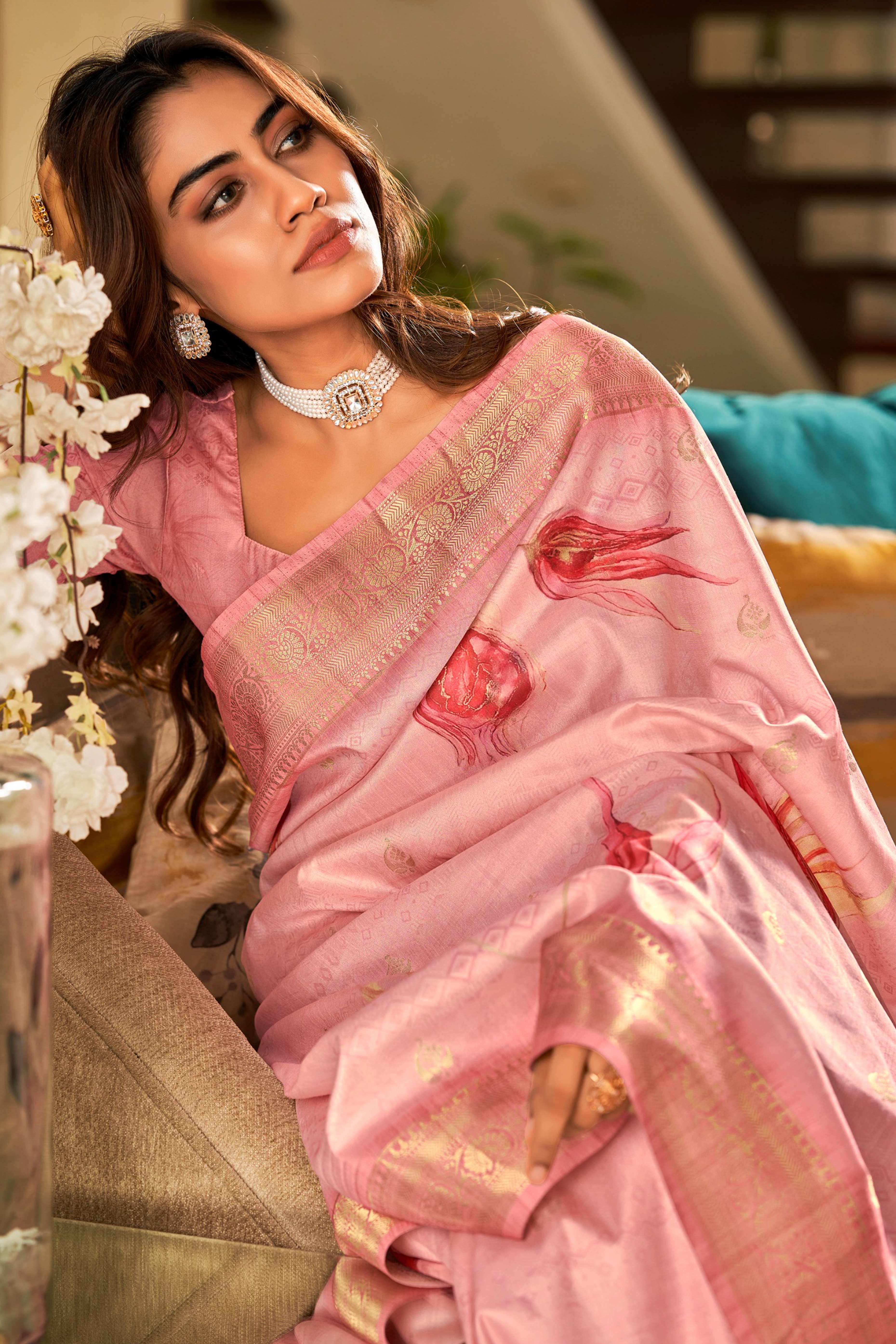 Pink Pure Silk Floral Print With Weaving On Border - Image 3