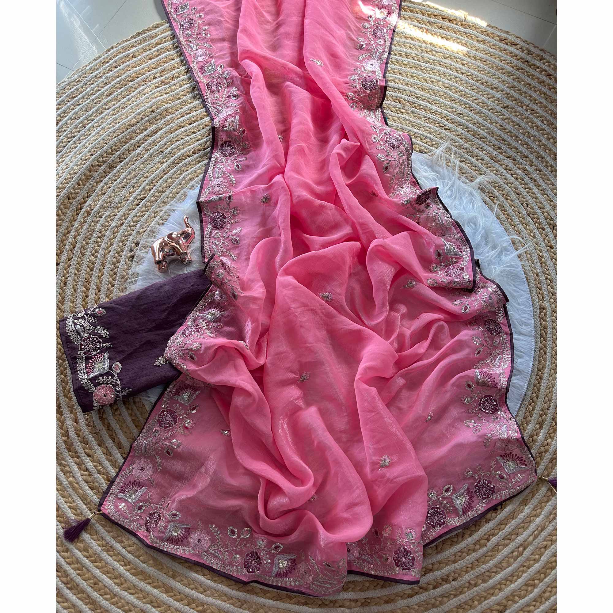 Pink Pure Silk Saree Showcasing Floral Sequins Embroidery With A Decorative Tassel Pallu - Image 3