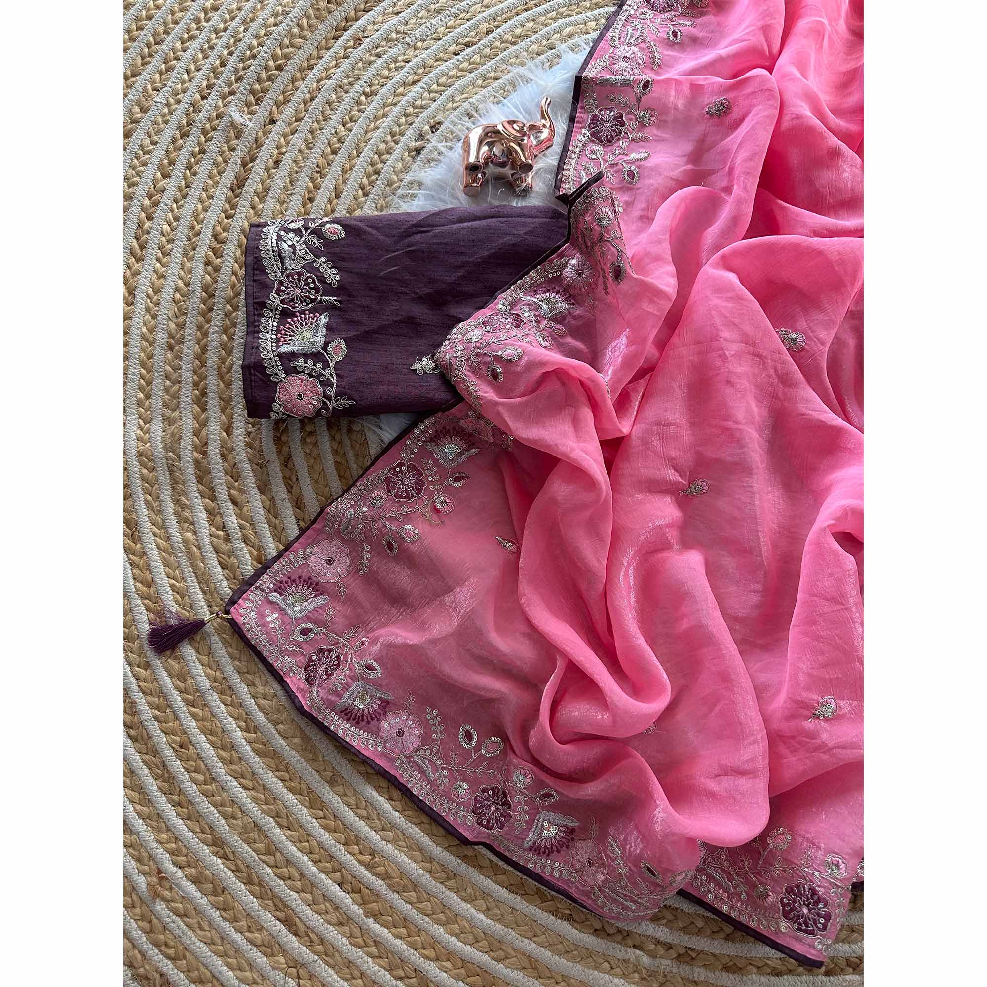 Pink Pure Silk Saree Showcasing Floral Sequins Embroidery With A Decorative Tassel Pallu - Image 4
