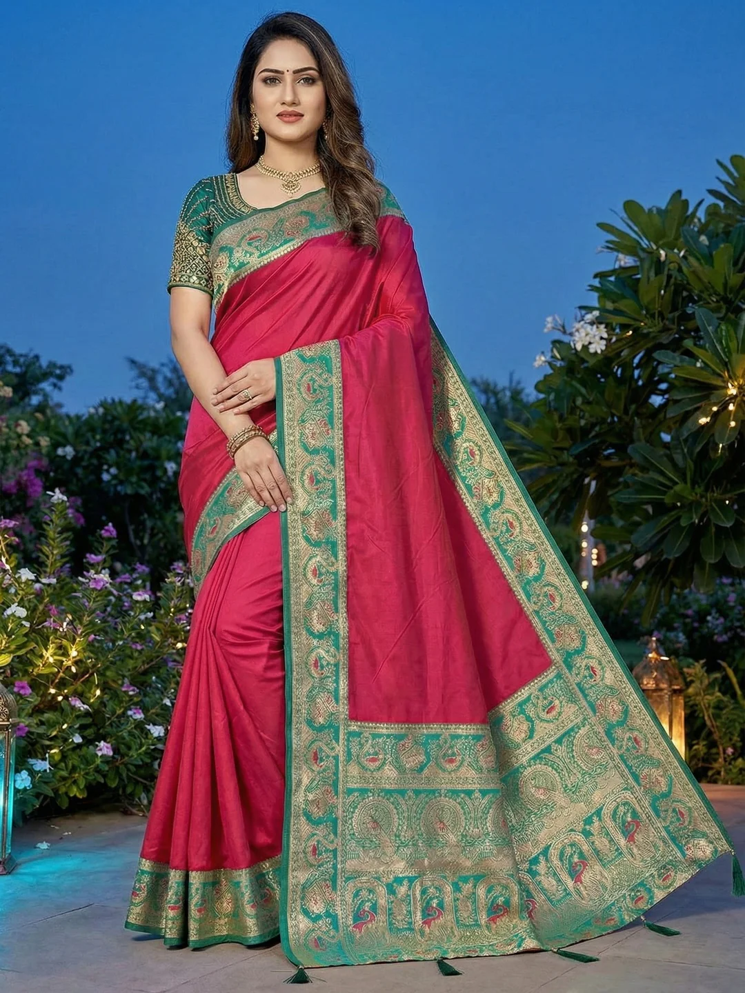 Pink Pure Silk Saree with Detailed Woven Border and Stitched Blouse for Elegant Styling