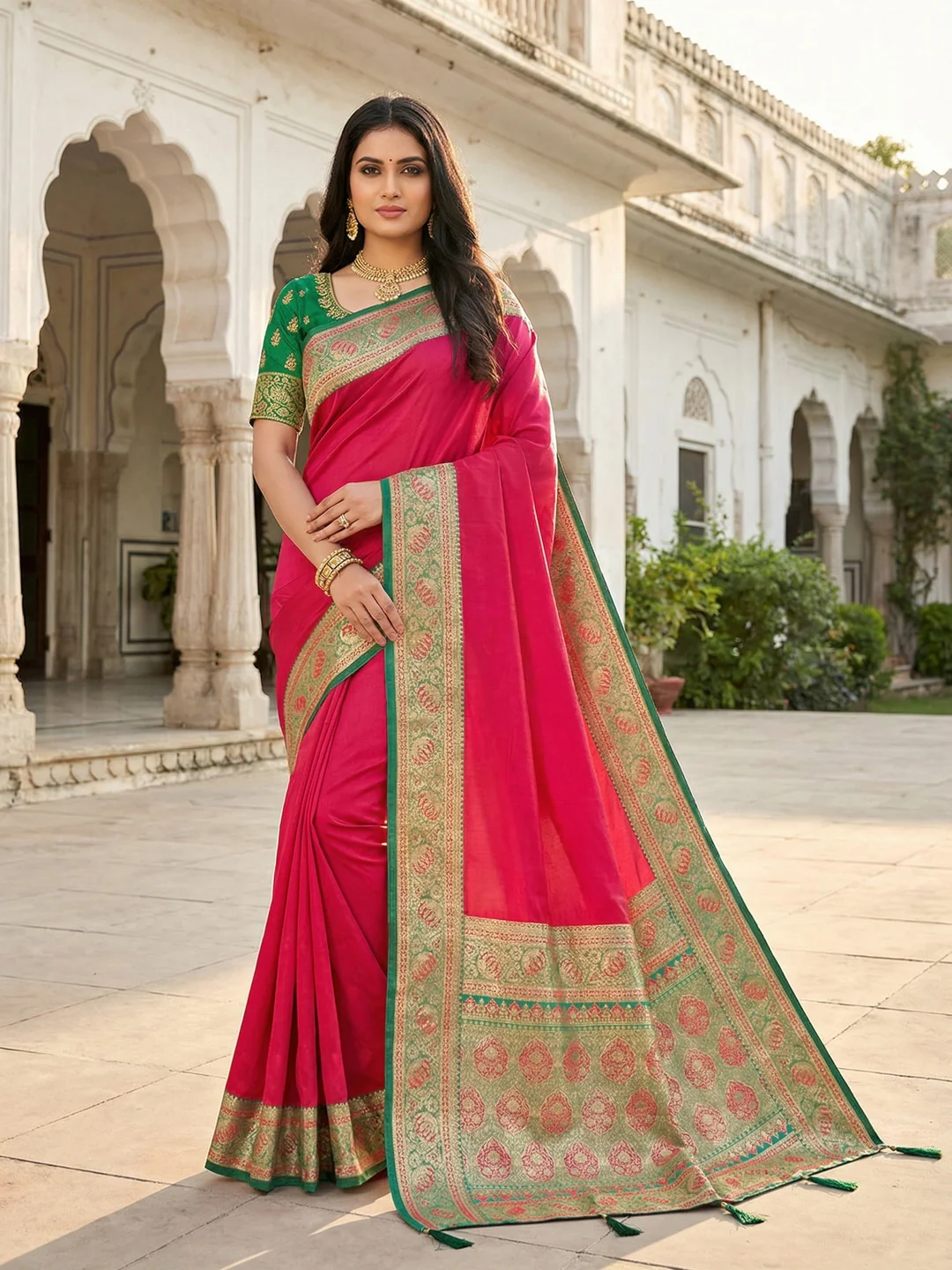 Pink Pure Silk Saree with Elegant Woven Border and Ready Stitched Blouse Piece - Image 2