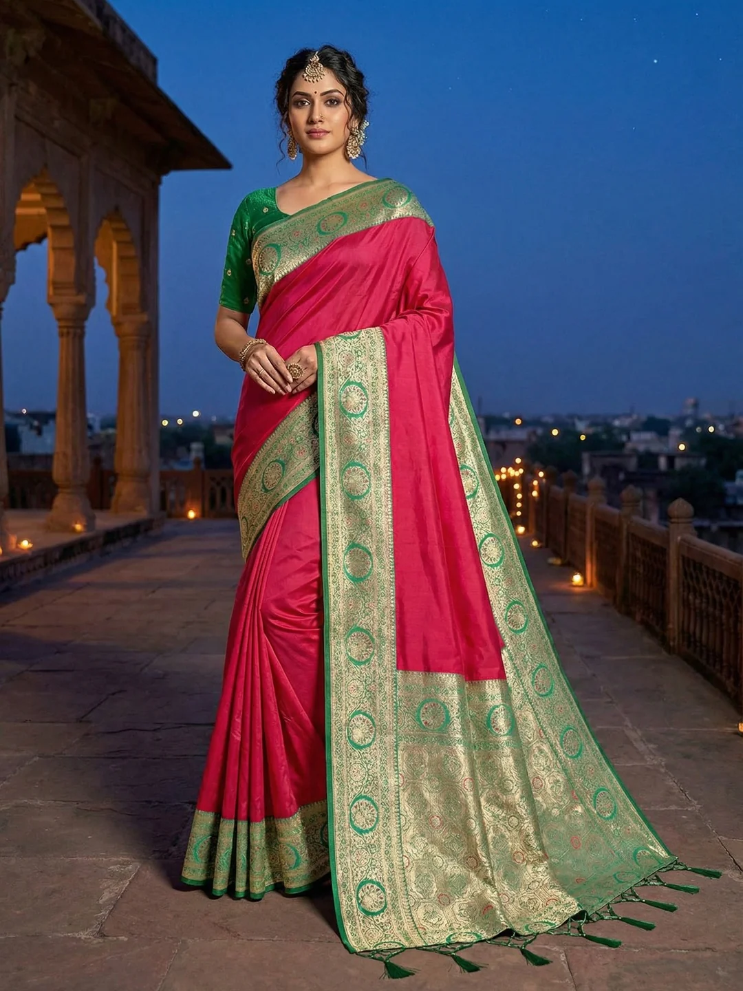 Pink Pure Silk Saree with Fine Woven Border and Ready Made Stitched Blouse