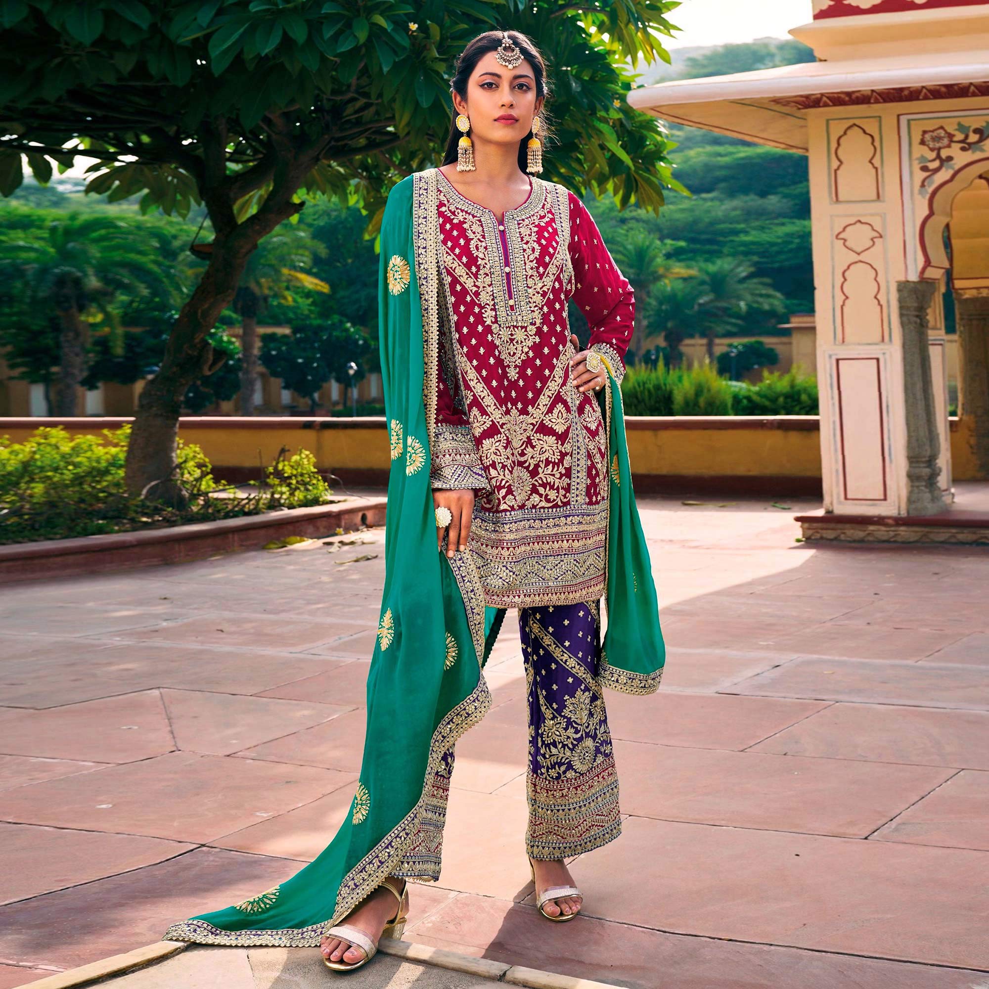 Pink & Purple Sequins Embroidered Chinon Semi Stitched Salwar Suit - Image 2