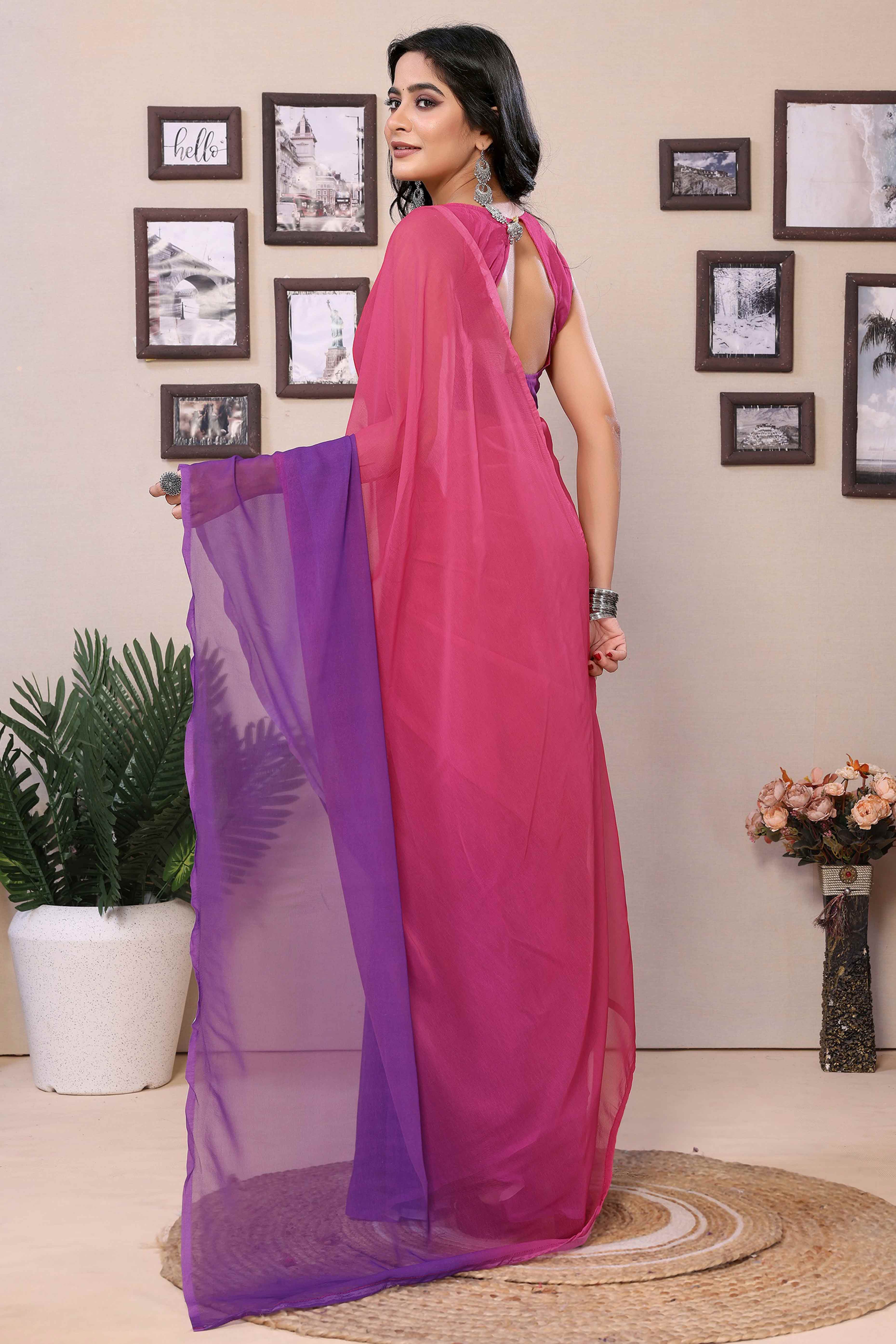 Pink & Purple Solid Printed Georgette Ready To Wear Ombre Saree - Image 3