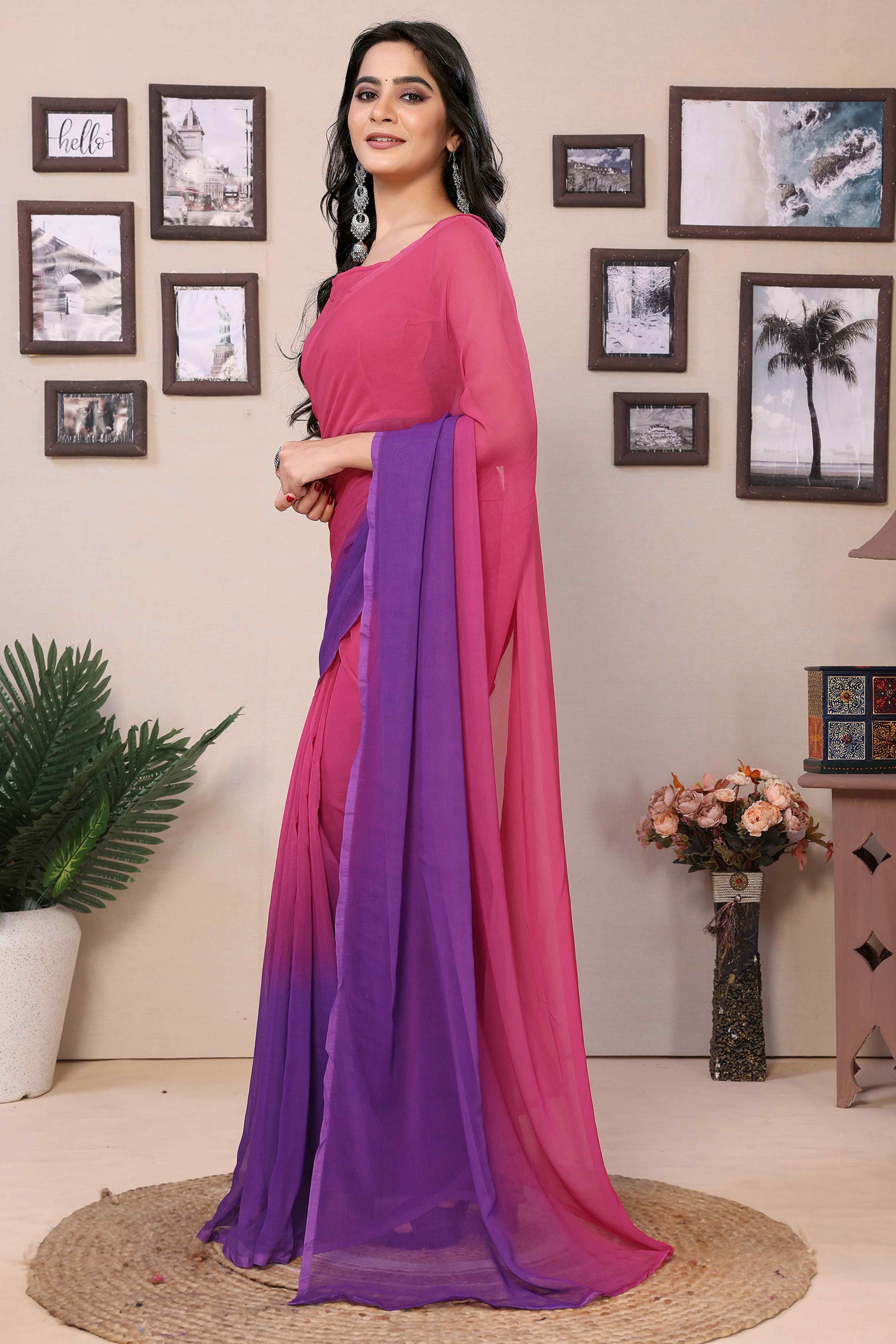 Pink & Purple Solid Printed Georgette Ready To Wear Ombre Saree - Image 4