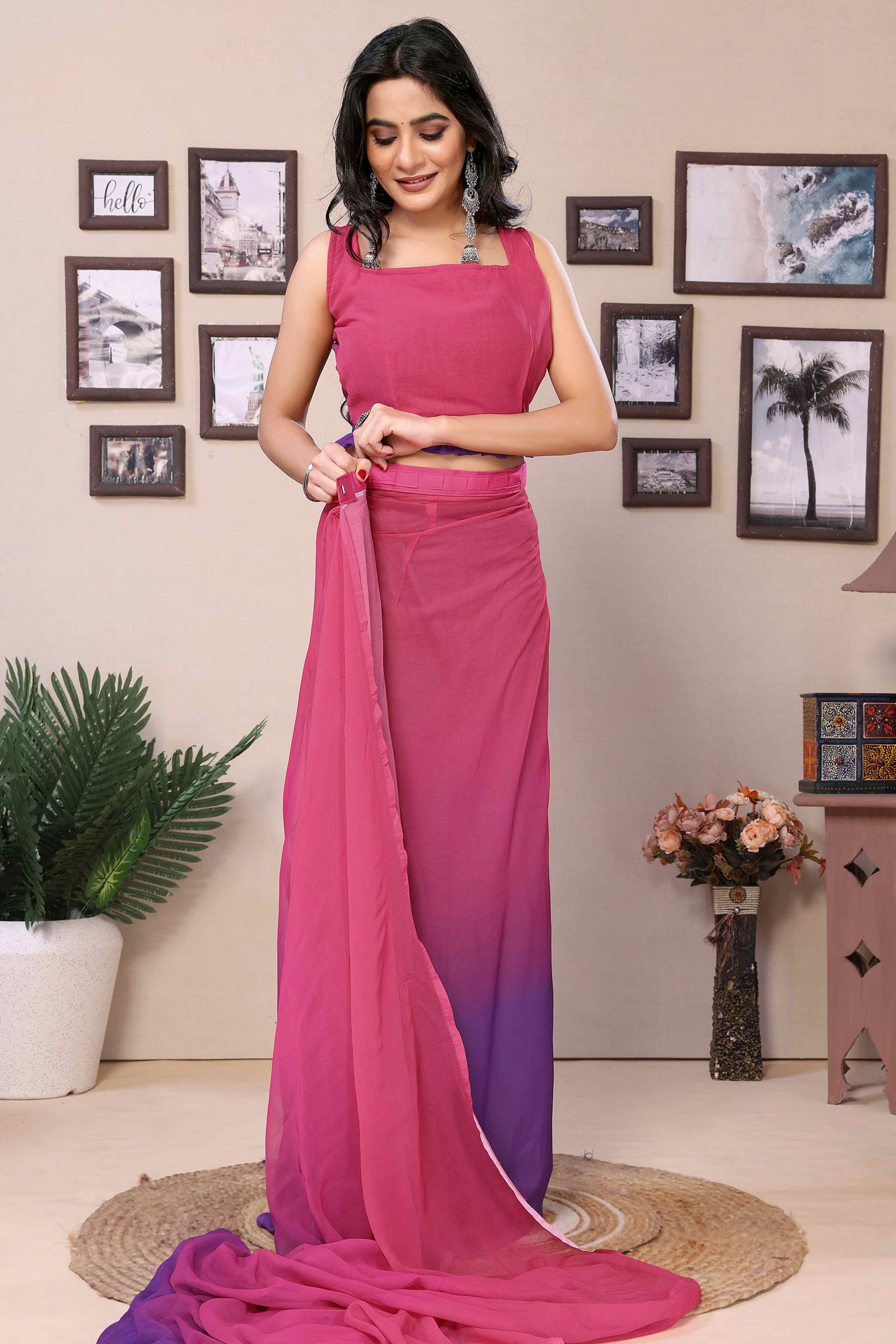 Pink & Purple Solid Printed Georgette Ready To Wear Ombre Saree - Image 5