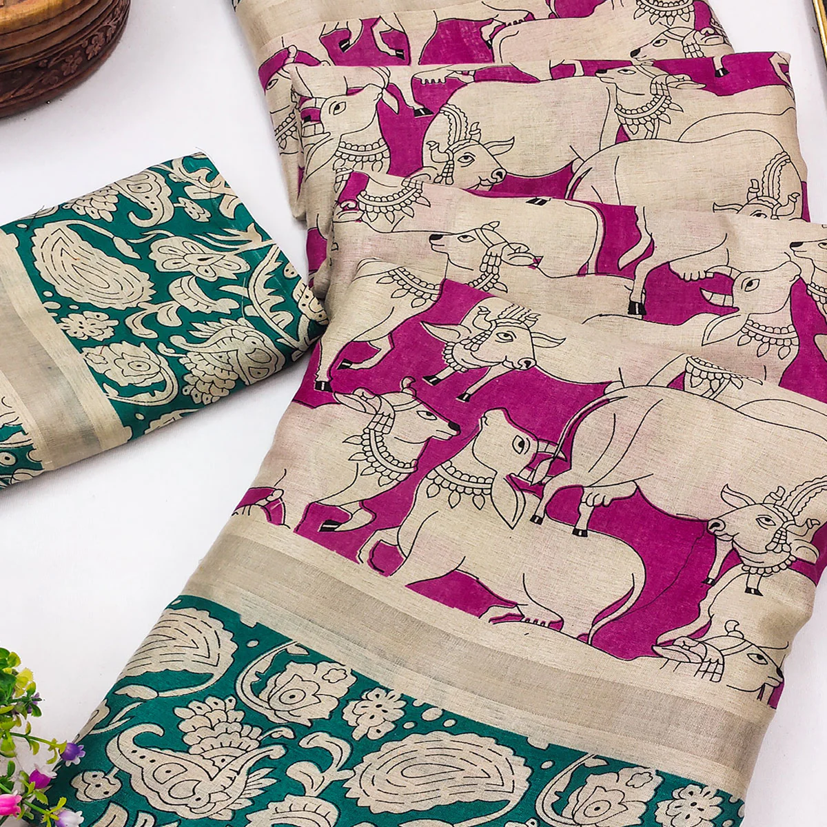 Pink & Rama Cotton Blend Saree Featuring Artistic Animal And Floral Print Fusion - Image 2