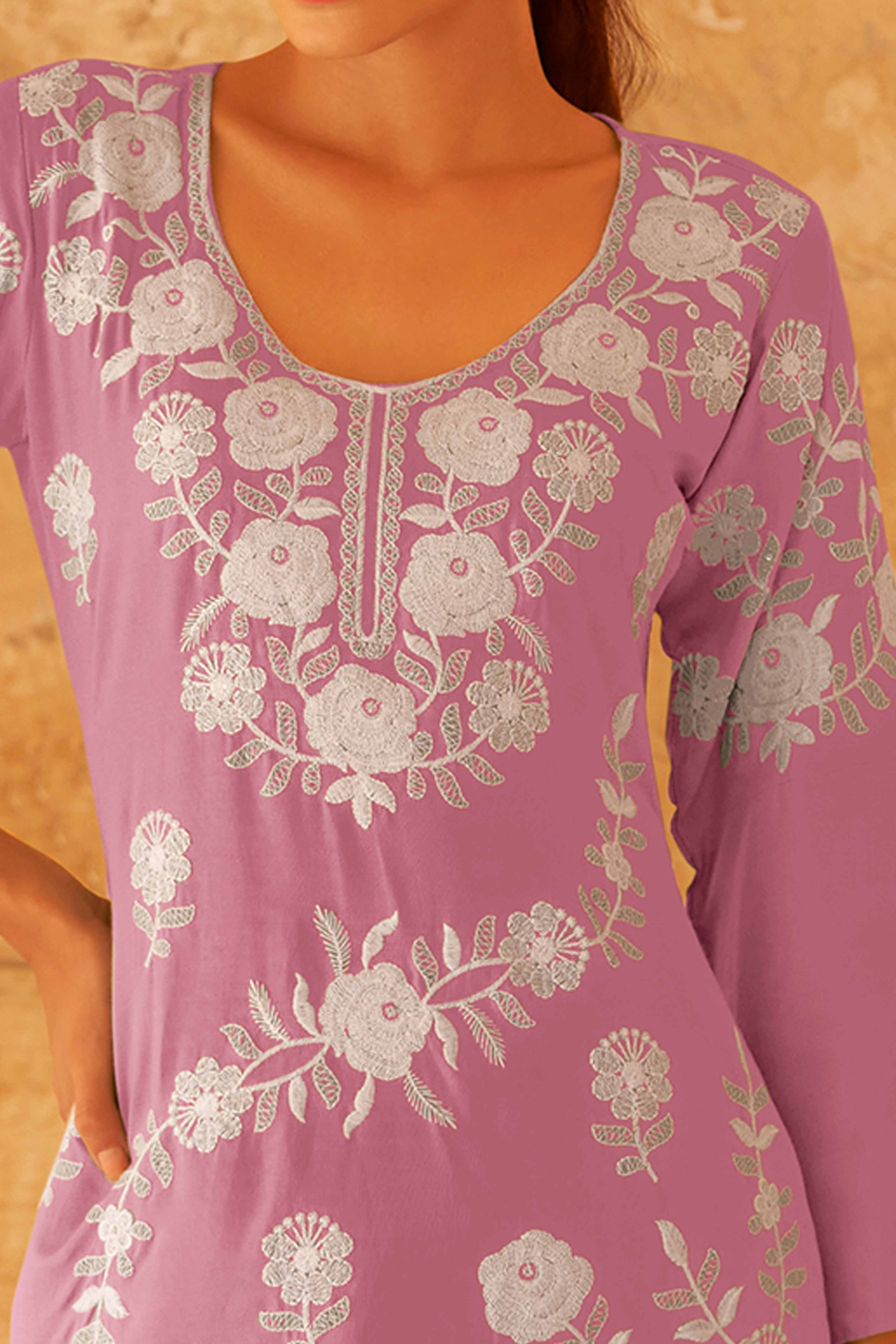 Pink Rayon Co-Ord Set with Elegant Floral Embroidery - Image 2