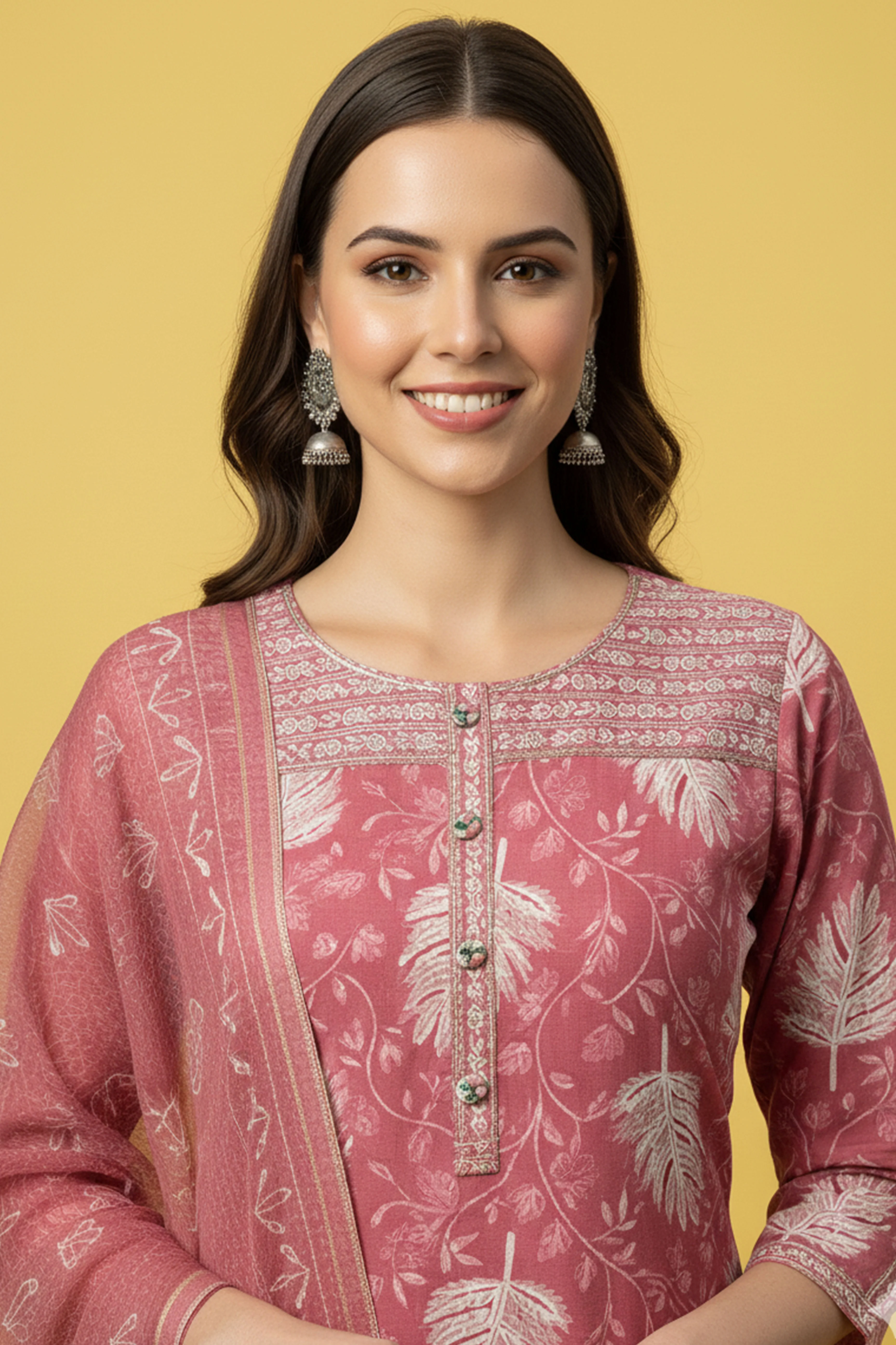 Pink Rayon Straight Suit Set with Subtle Floral Motifs Crafted in Breathable Capsule Rayon - Image 2