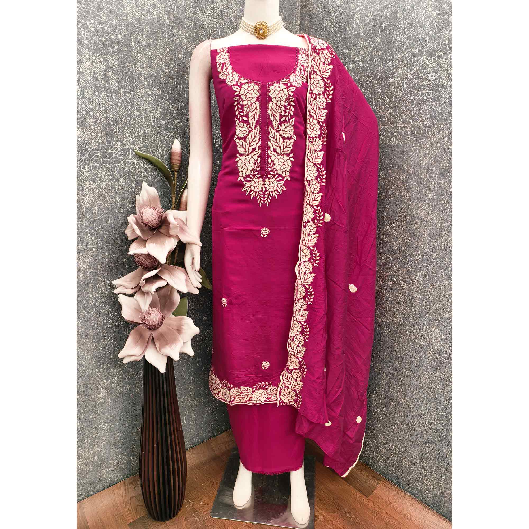 Pink Rich Viscose Dress Material Highlighted with Refined Floral Thread Embroidery - Image 3