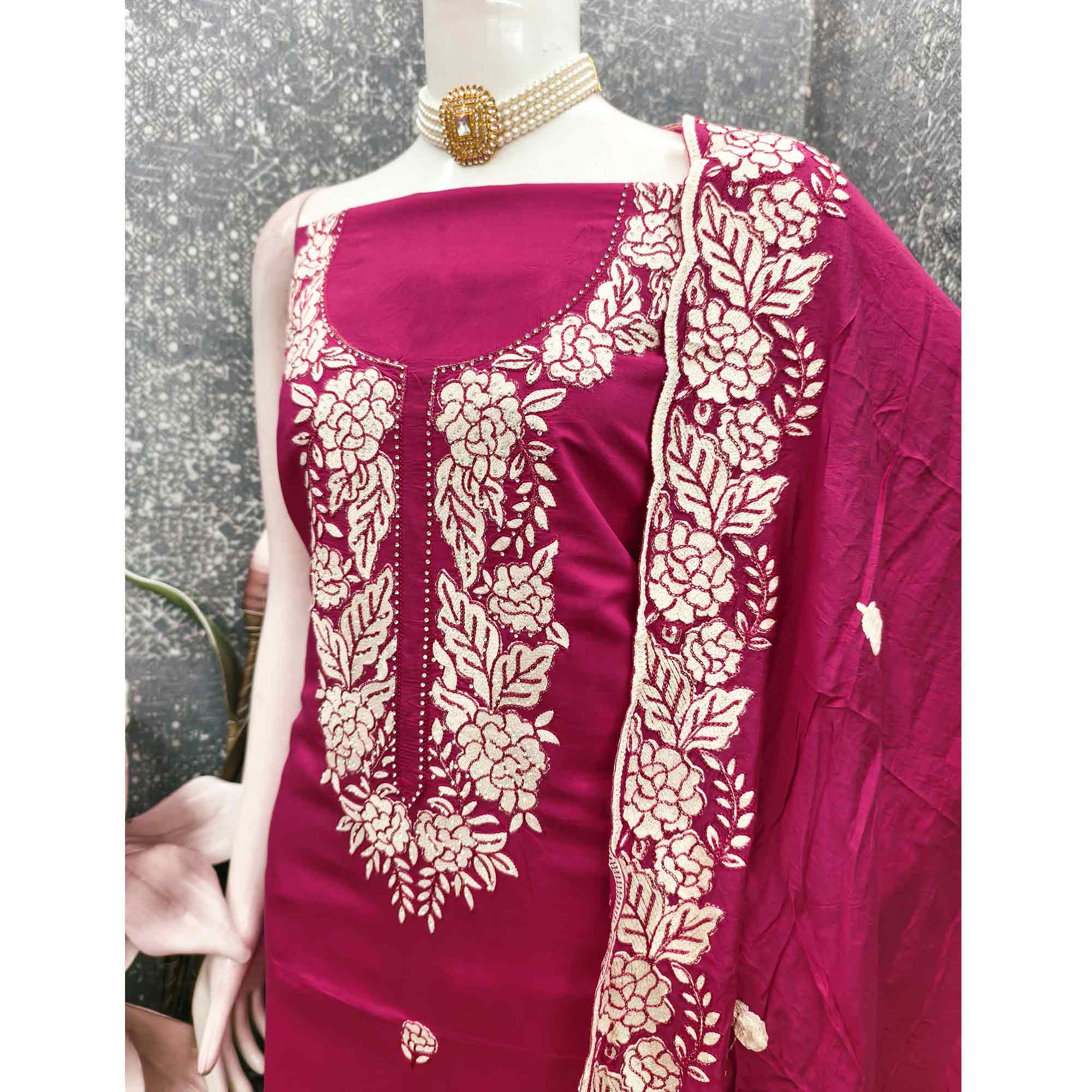 Pink Rich Viscose Dress Material Highlighted with Refined Floral Thread Embroidery - Image 4