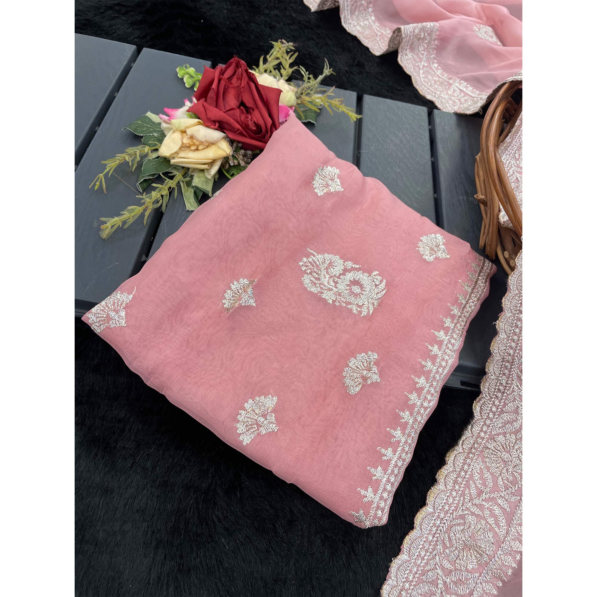 Pink Saree in Organza with Intricate Floral Embroidery - Image 3