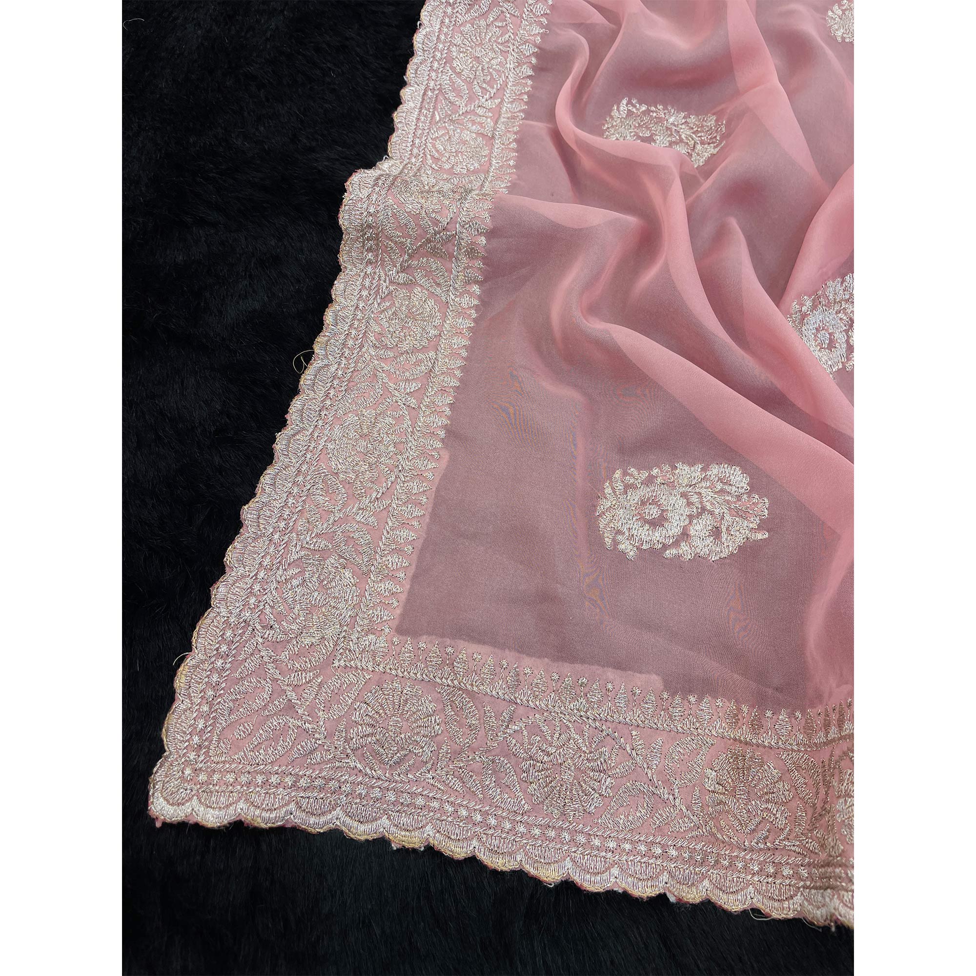 Pink Saree in Organza with Intricate Floral Embroidery - Image 4