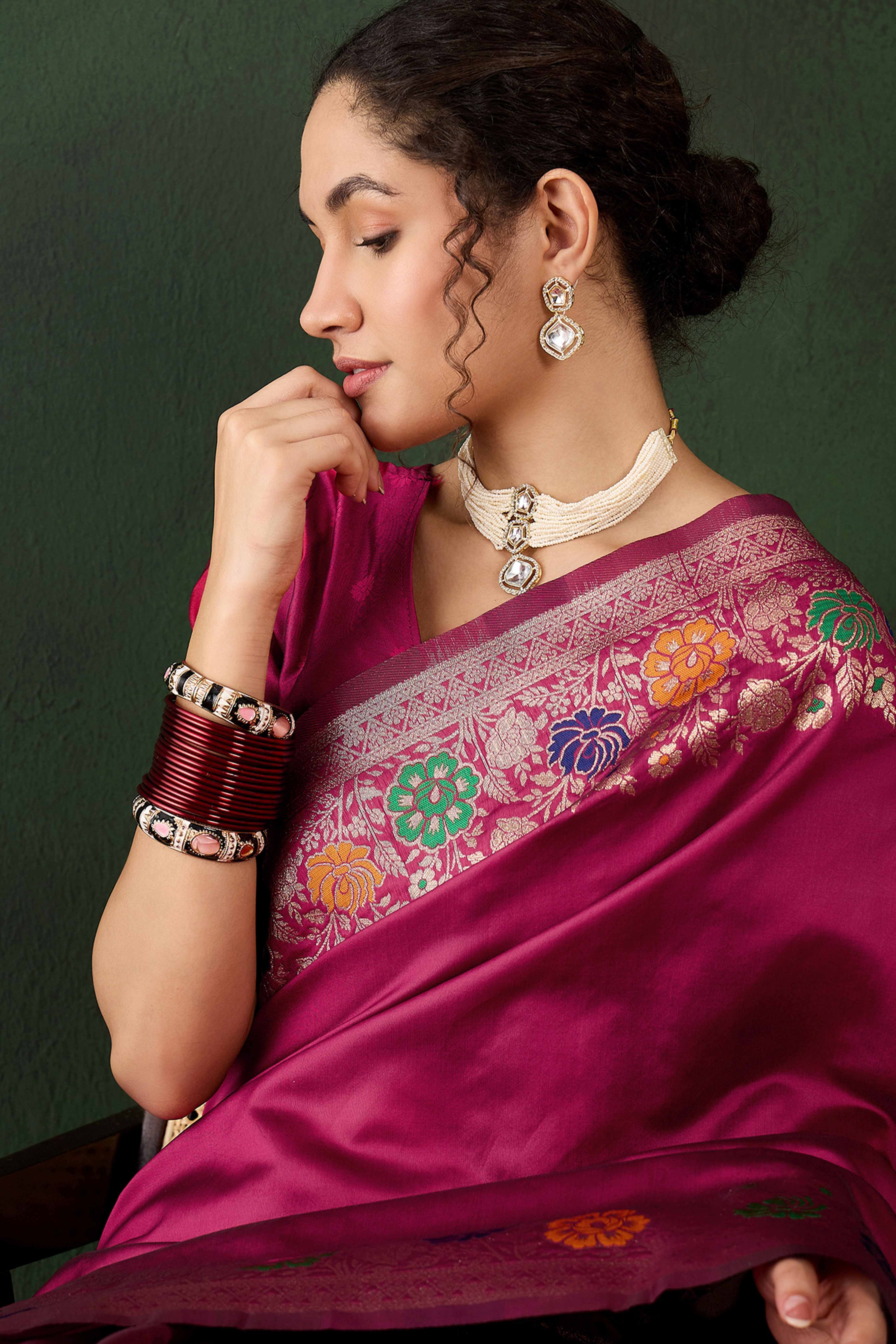 Pink Saree In Poly Silk Blend Featuring Floral Zari Weaving & Tassel Accents - Image 6