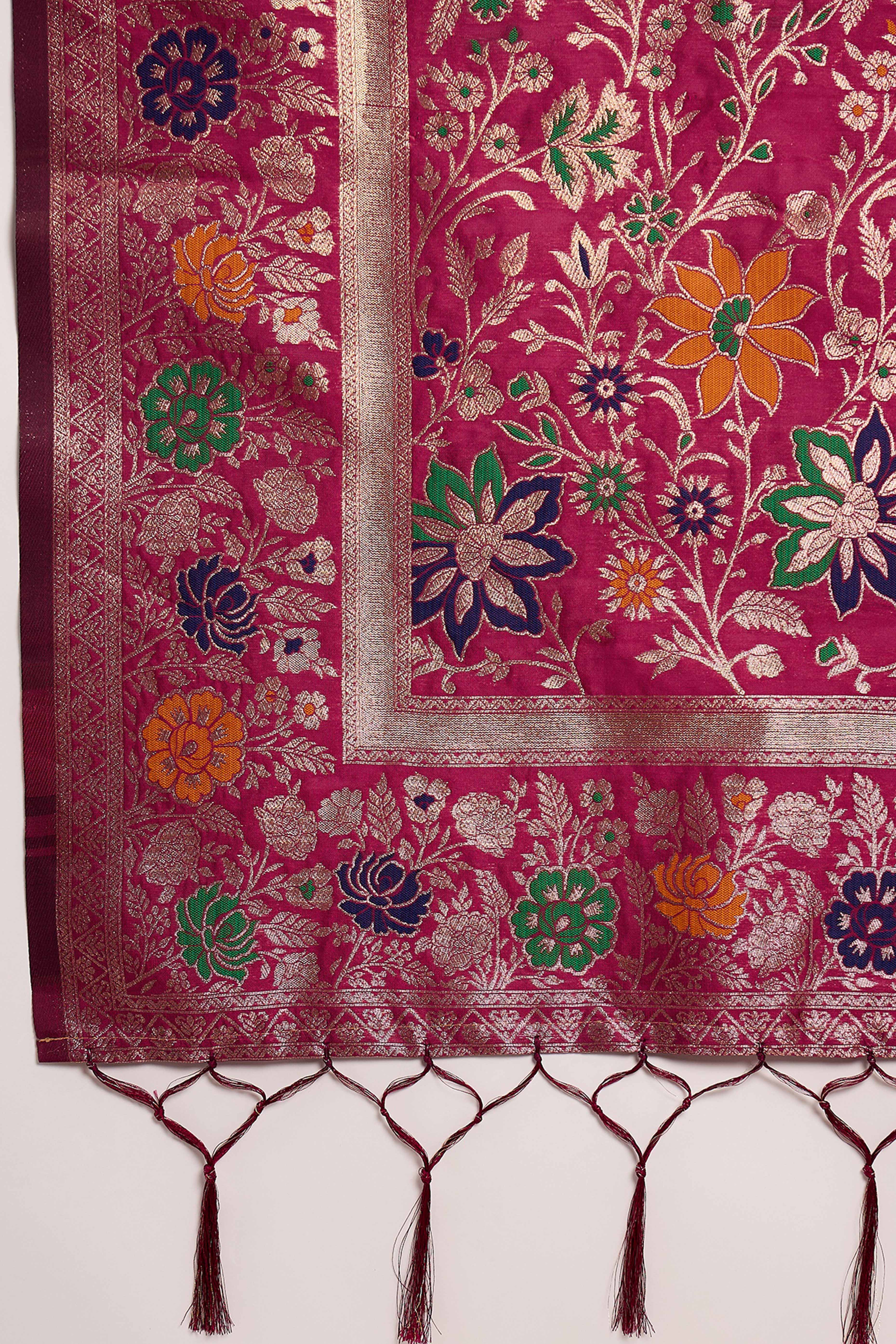 Pink Saree In Poly Silk Blend Featuring Floral Zari Weaving & Tassel Accents - Image 8