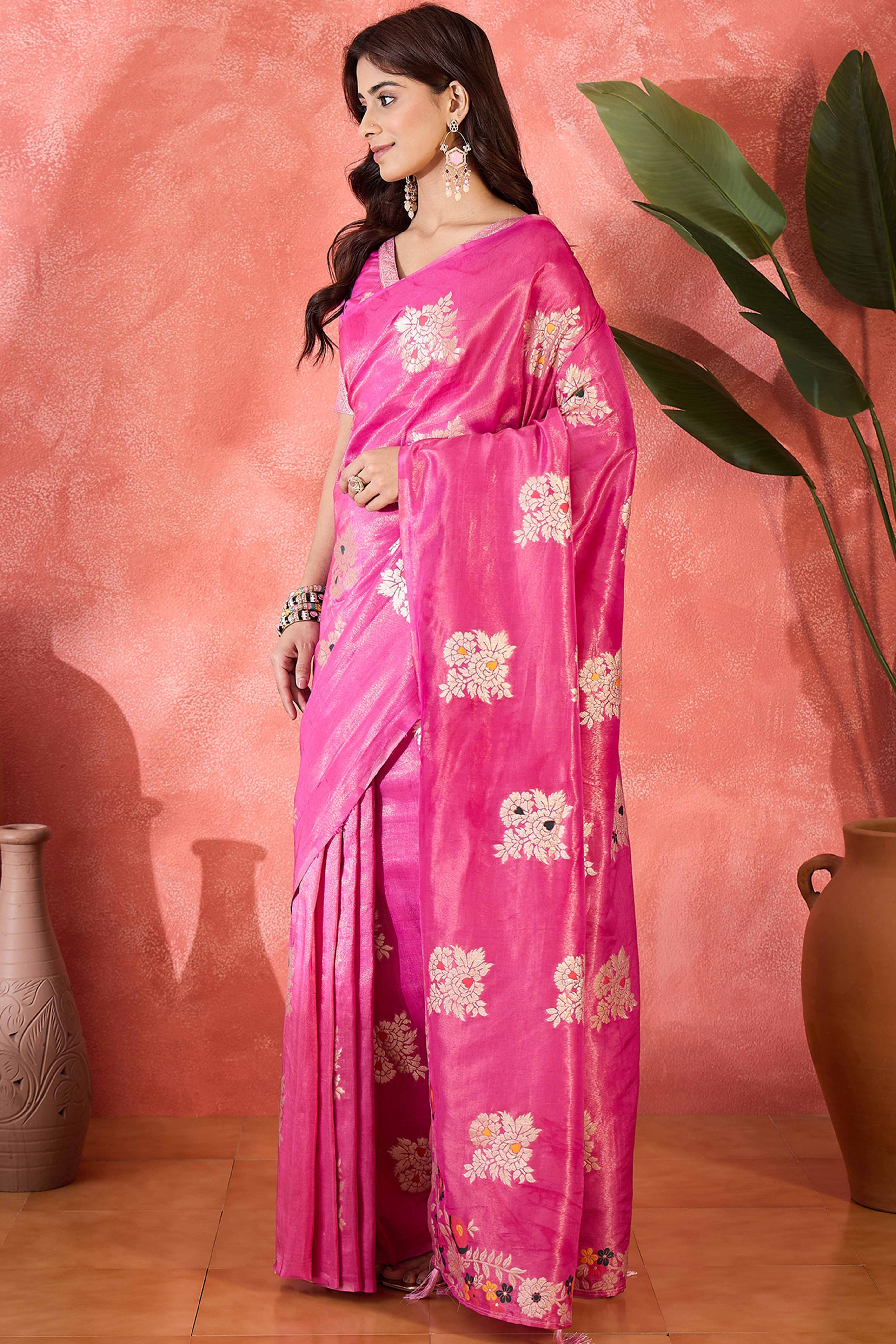 Pink Saree In Shimmer Fabric With Floral Zari Weaving & Decorative Tassel Pallu - Image 3