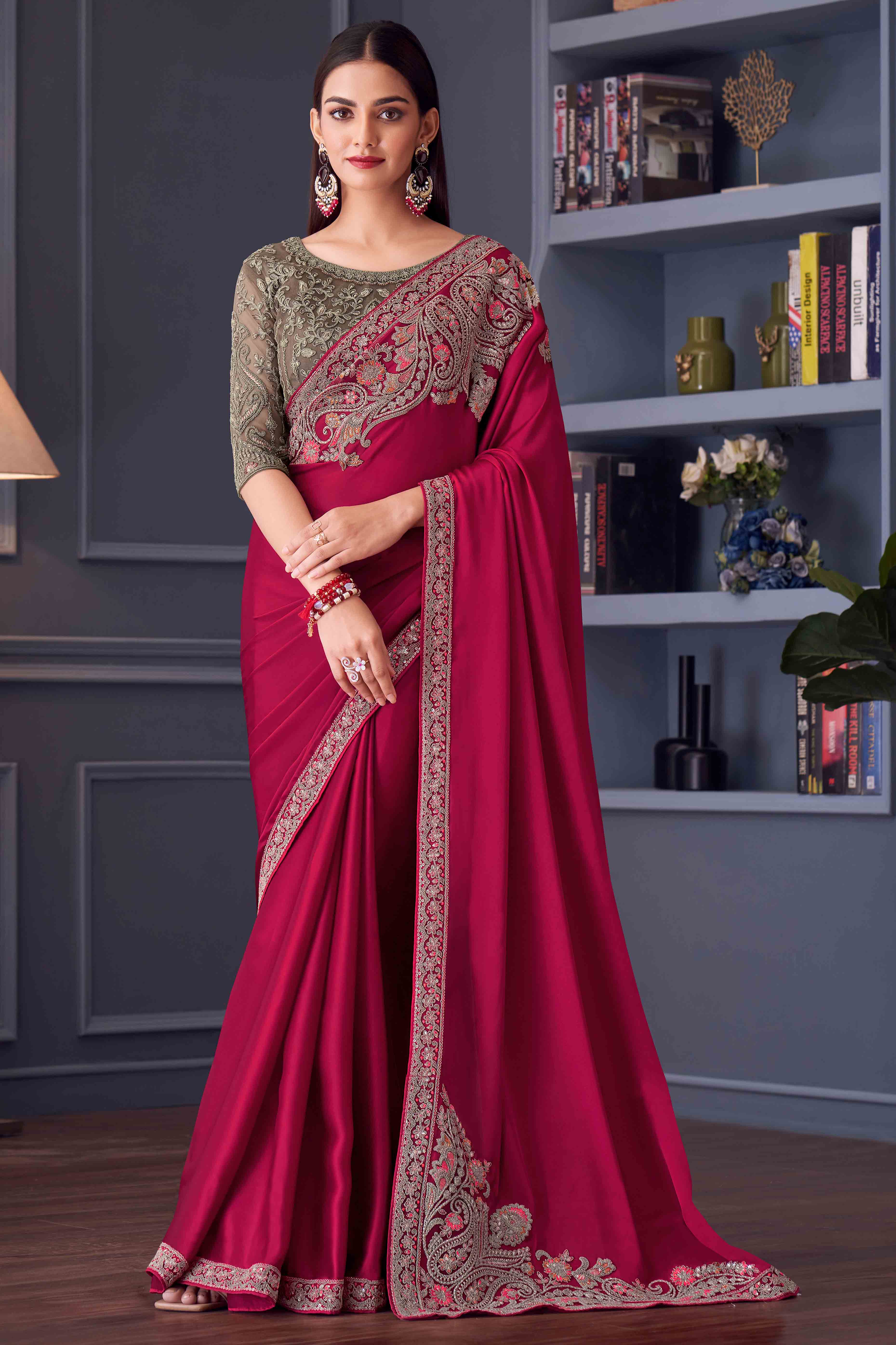 Pink Satin Saree Embellished with Sequin Work