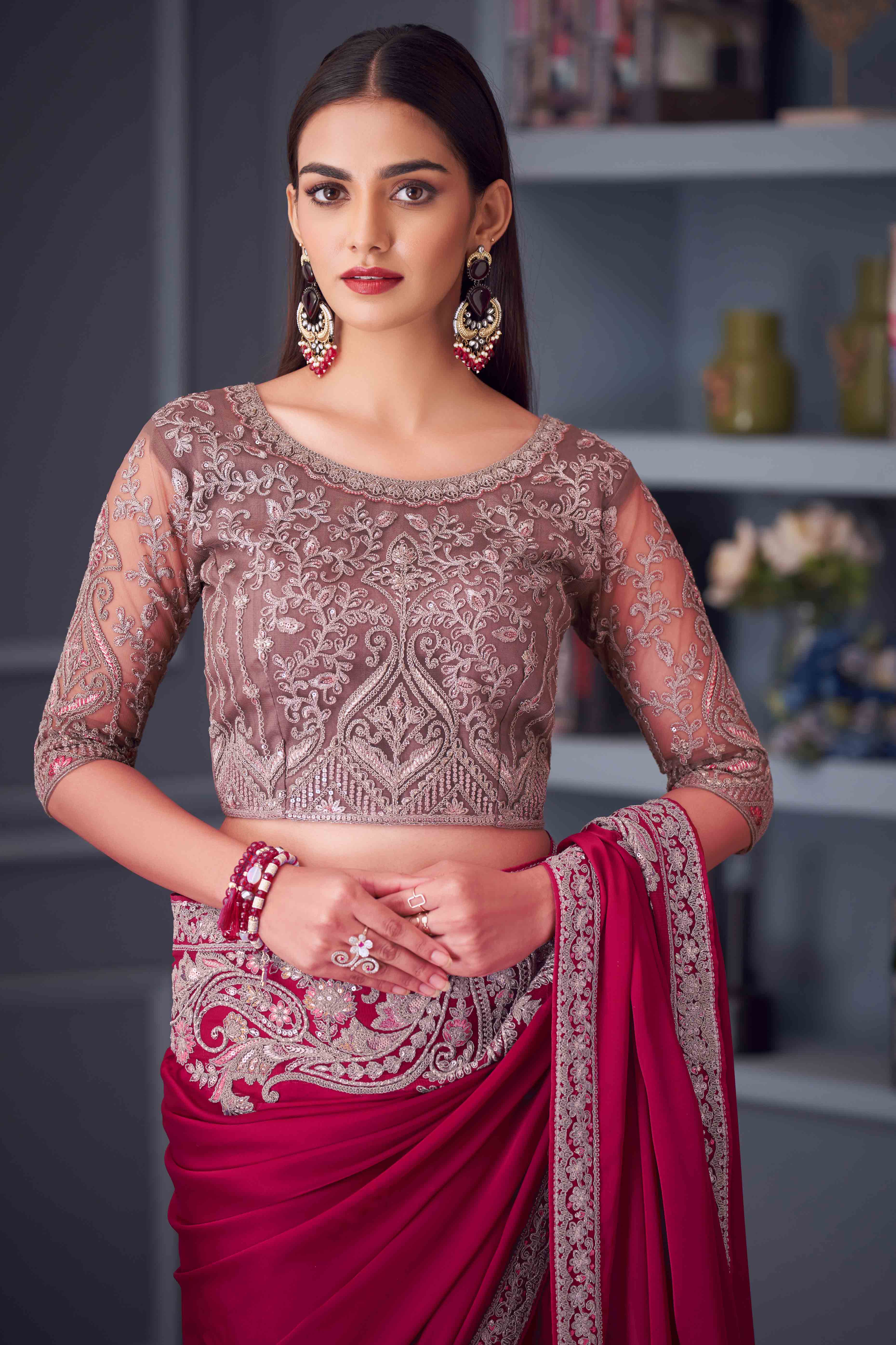 Pink Satin Saree Embellished with Sequin Work - Image 4
