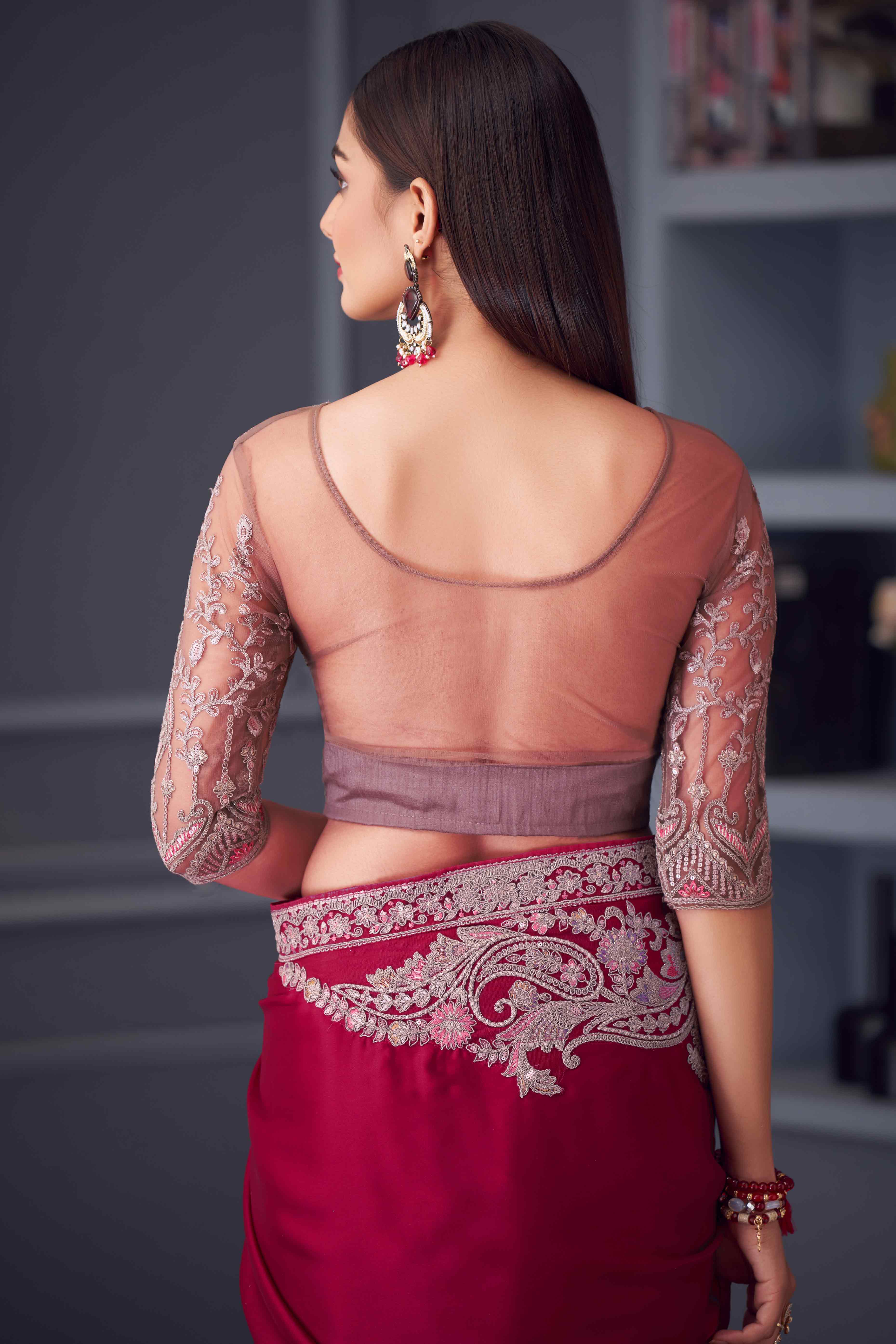 Pink Satin Saree Embellished with Sequin Work - Image 5