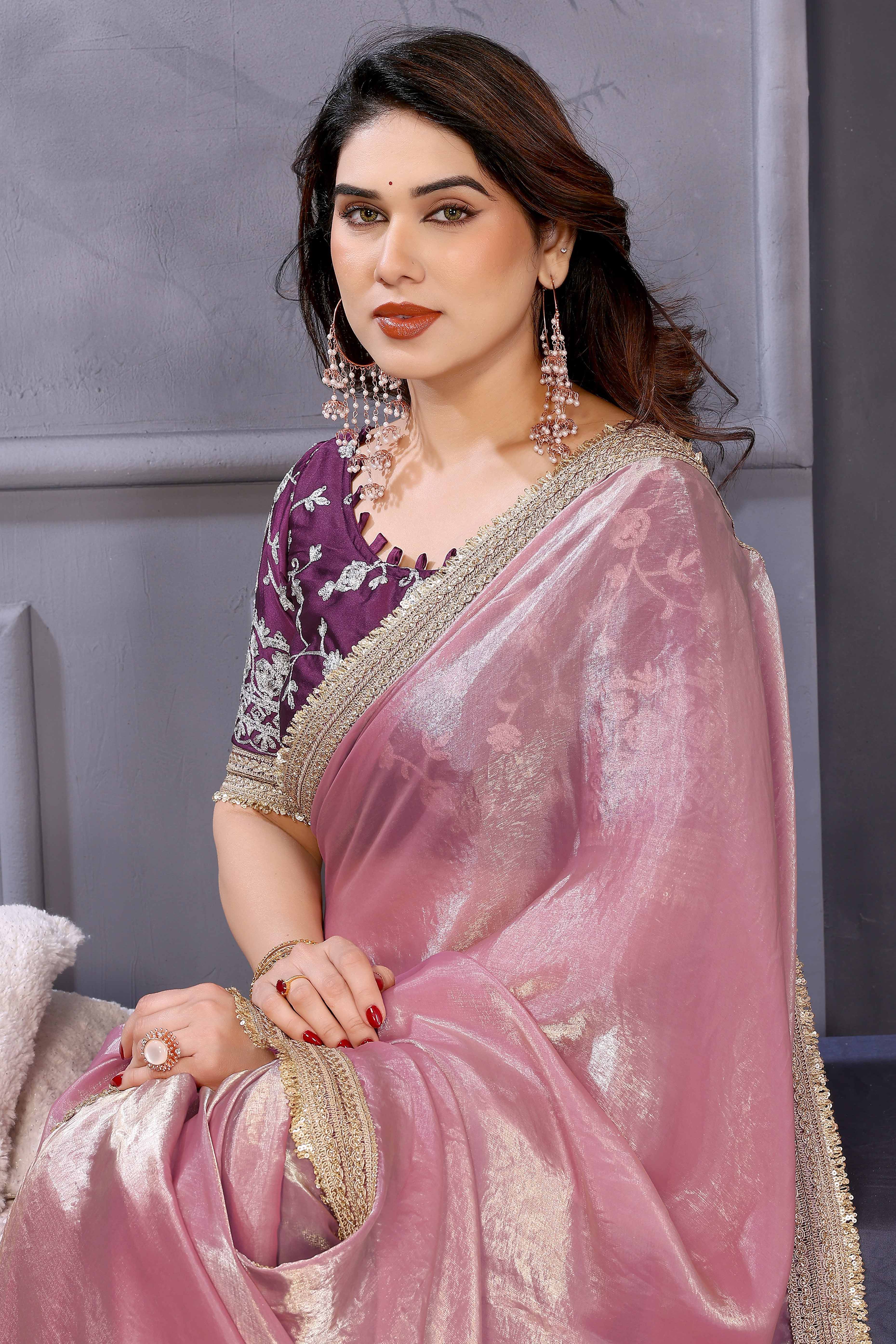Pink Satin Saree with Solid Finish and Stylish Lace Embellished Border – Feminine and Festive - Image 6
