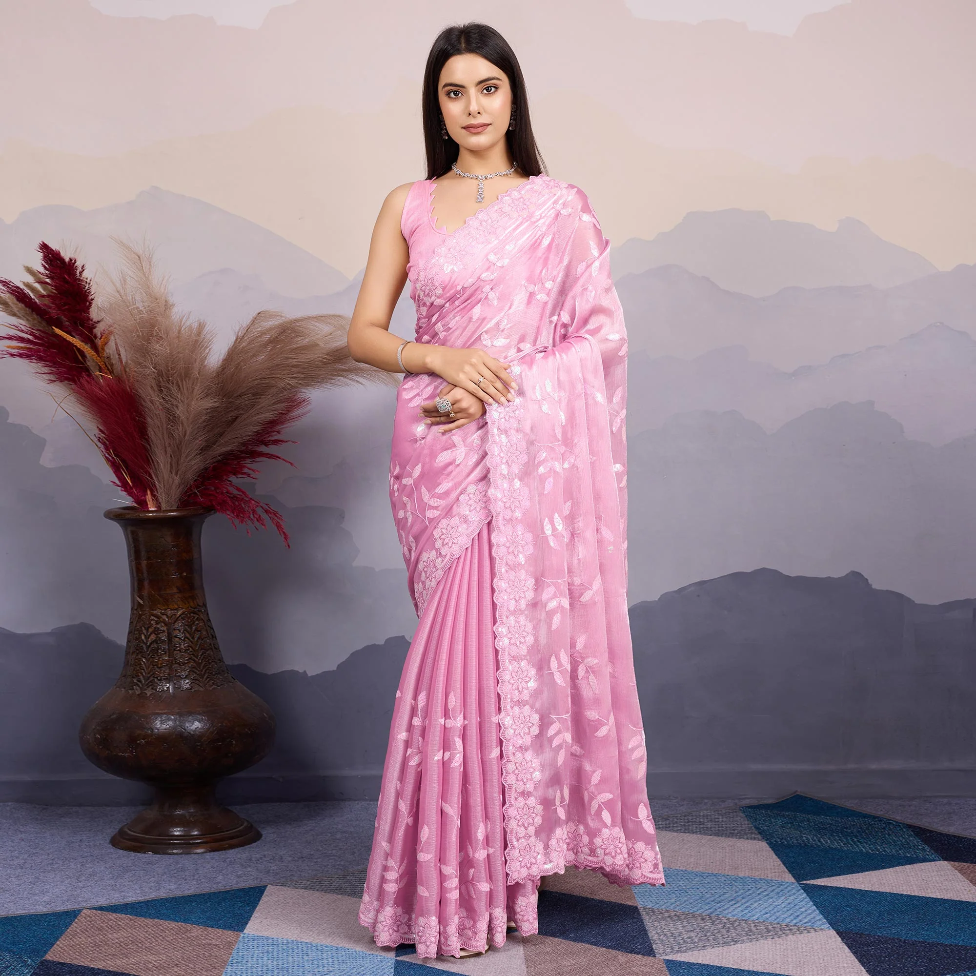Pink Sequins Embroidered Art Silk Saree - Image 2