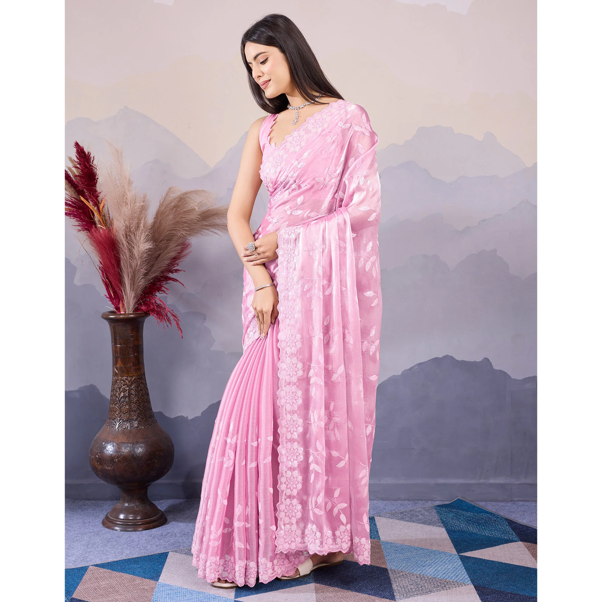 Pink Sequins Embroidered Art Silk Saree - Image 4