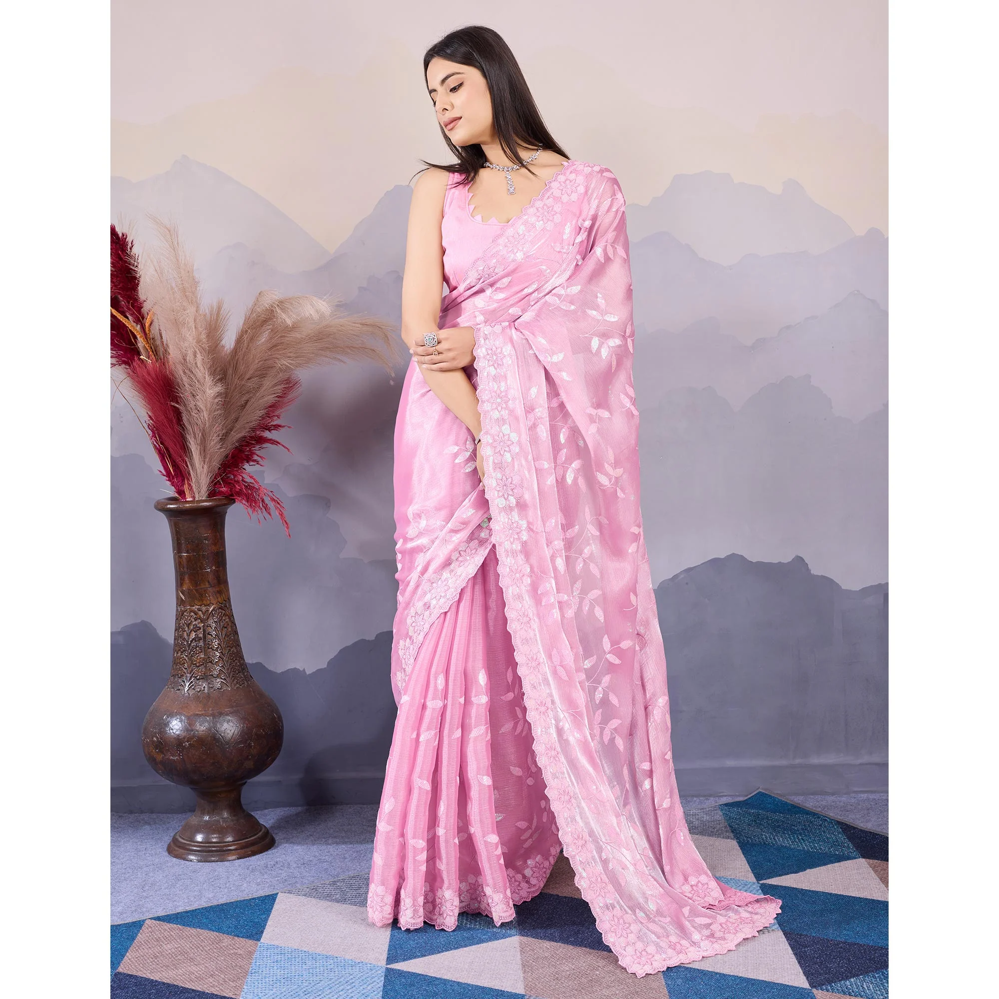 Pink Sequins Embroidered Art Silk Saree - Image 5