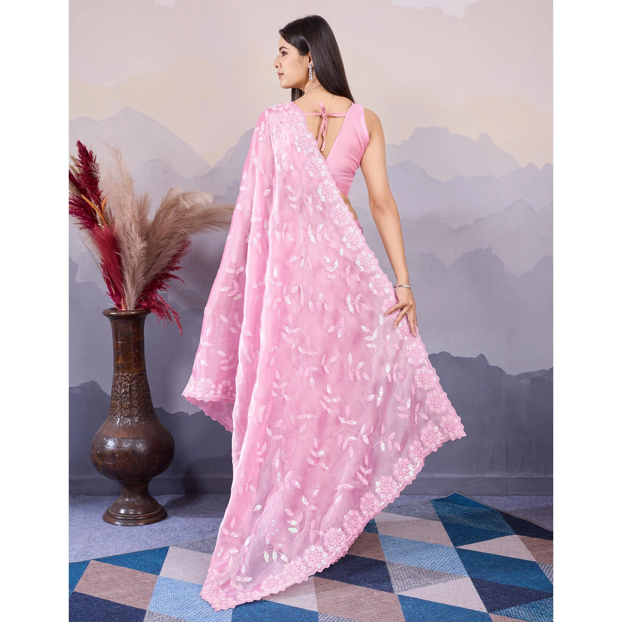 Pink Sequins Embroidered Art Silk Saree - Image 6