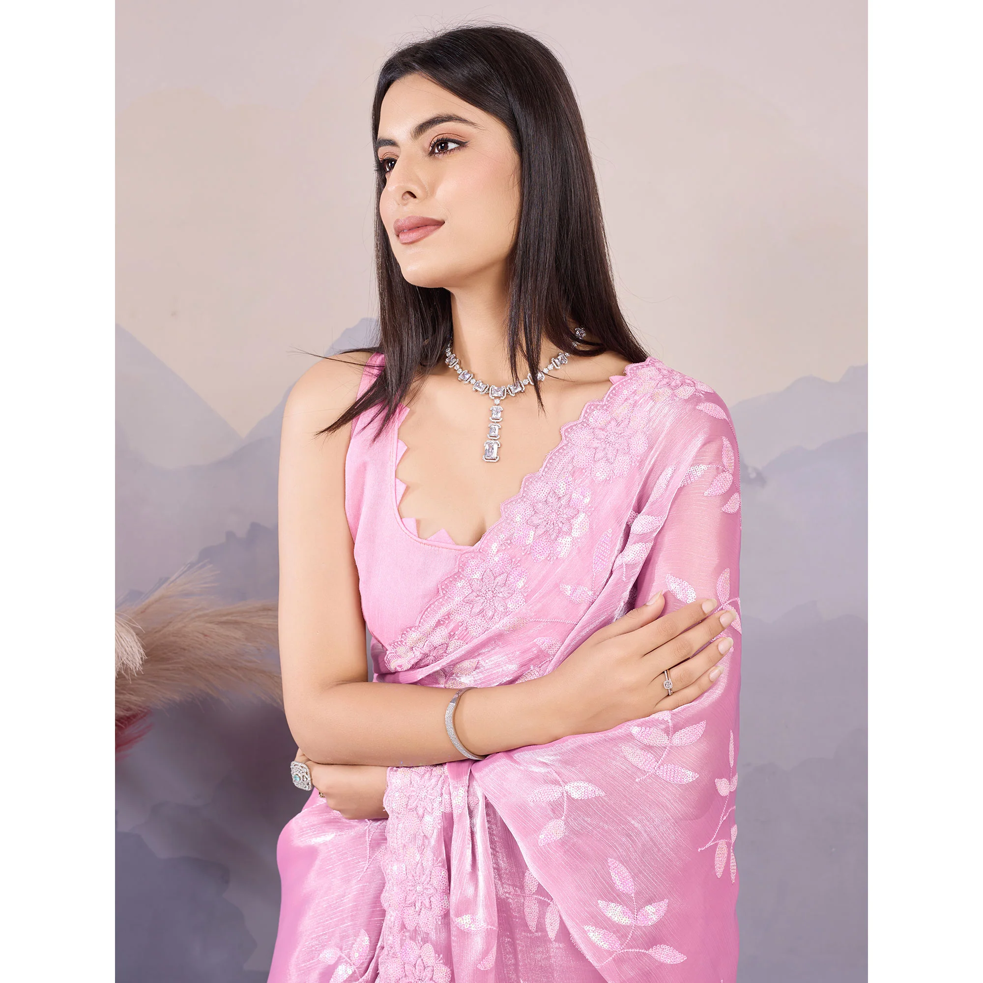 Pink Sequins Embroidered Art Silk Saree - Image 7