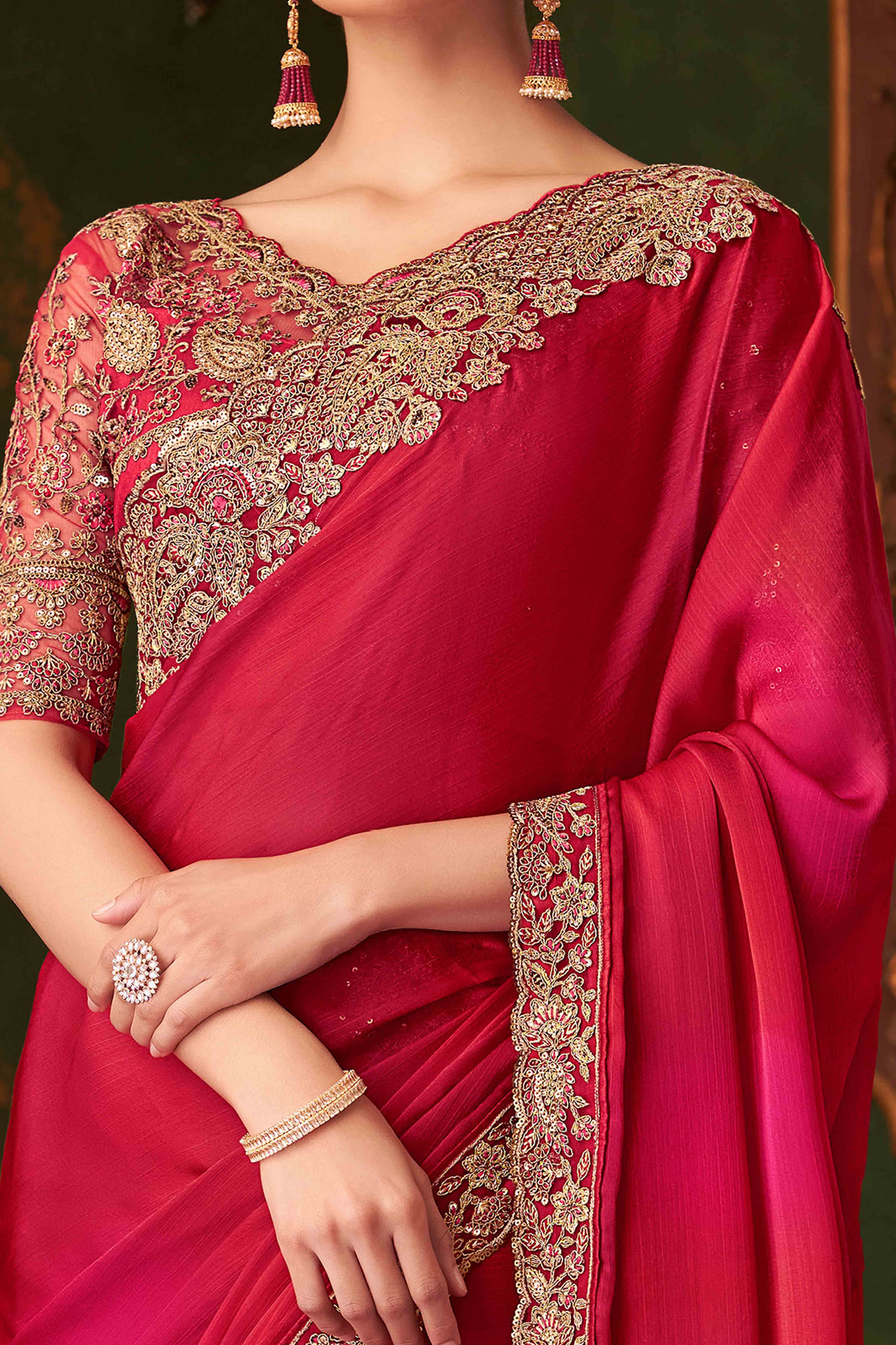 Pink Sequins Embroidered Chiffon Saree - Image 2