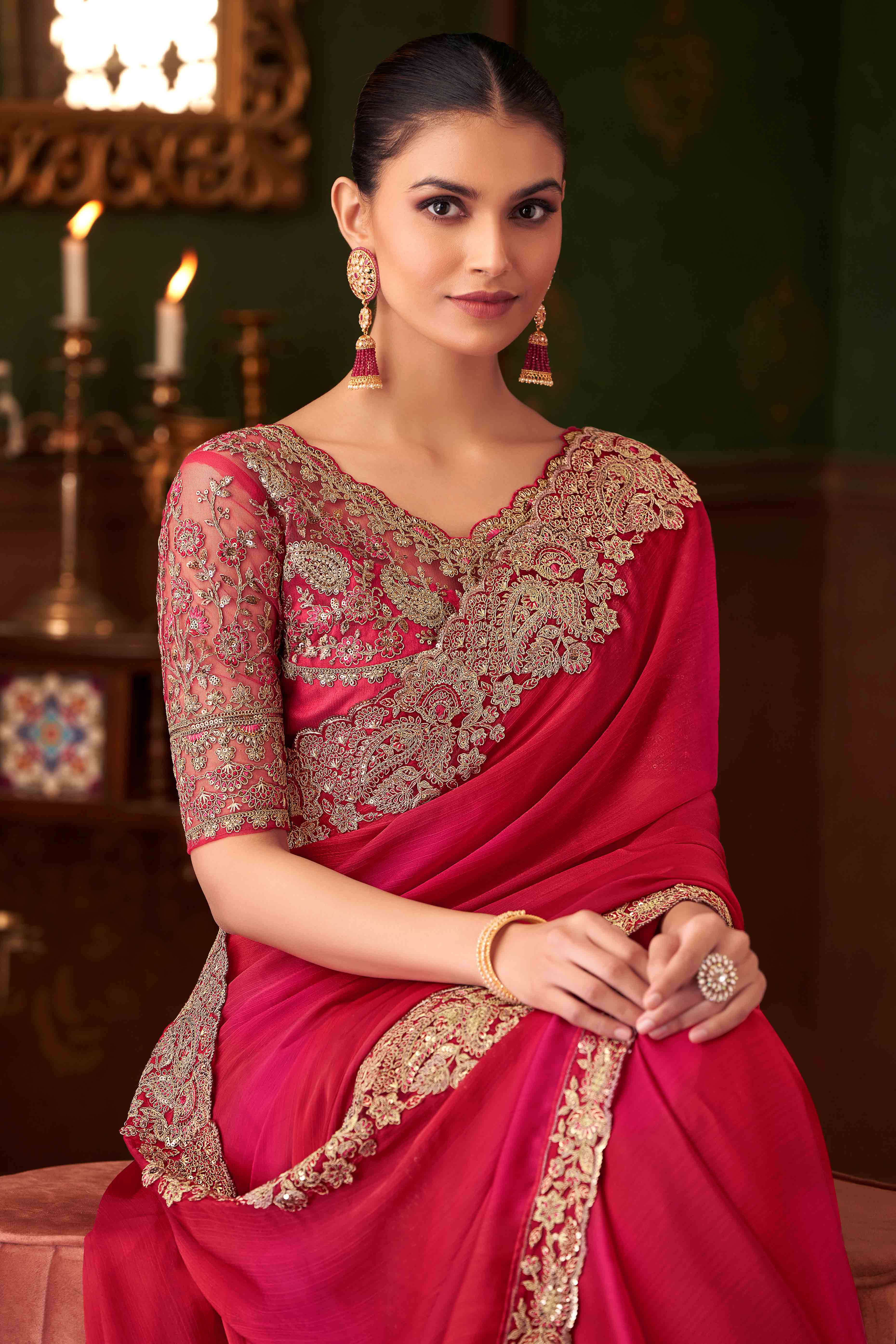 Pink Sequins Embroidered Chiffon Saree - Image 3