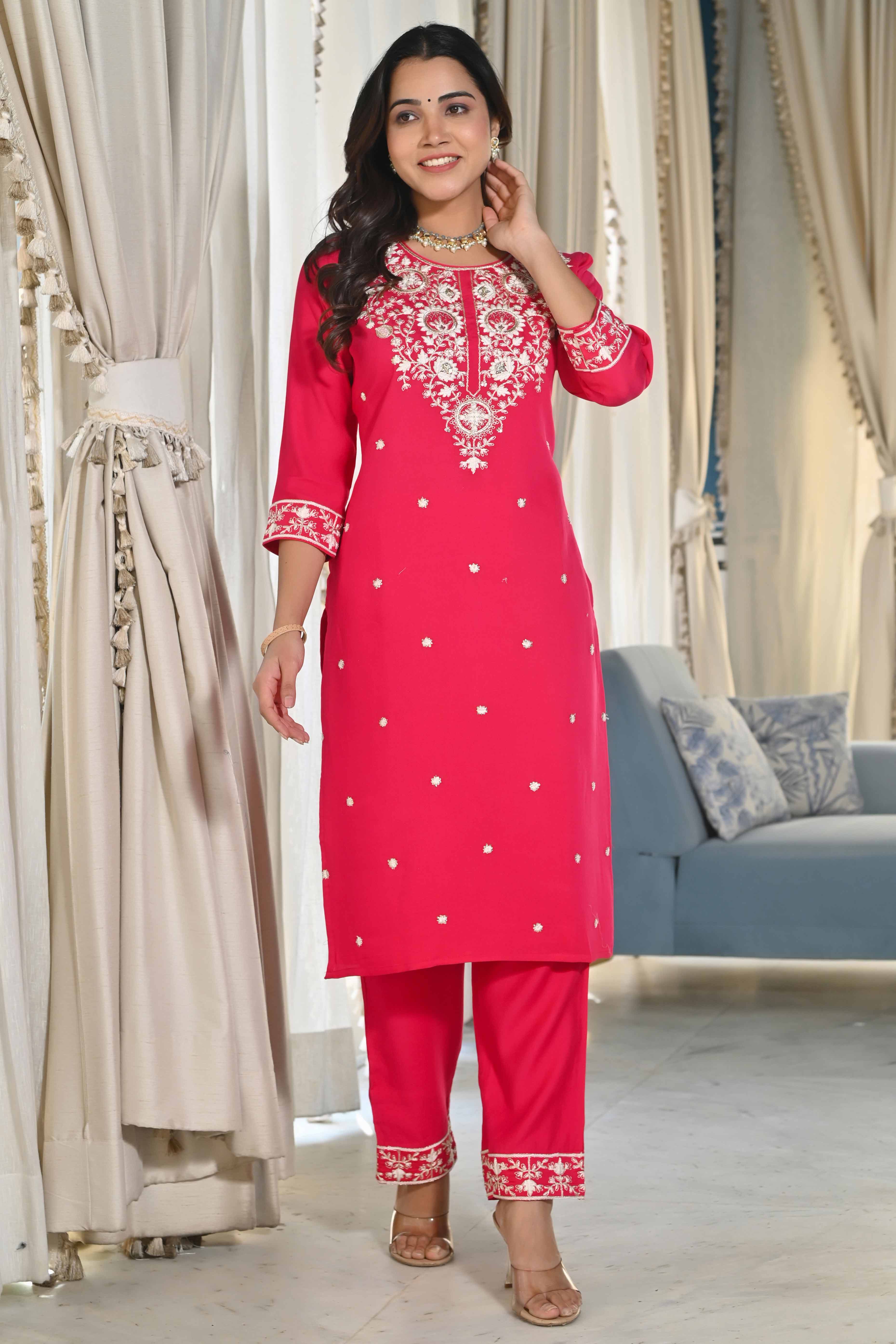 Pink Sequins Embroidered Cotton Silk Salwar Suit - Image 6