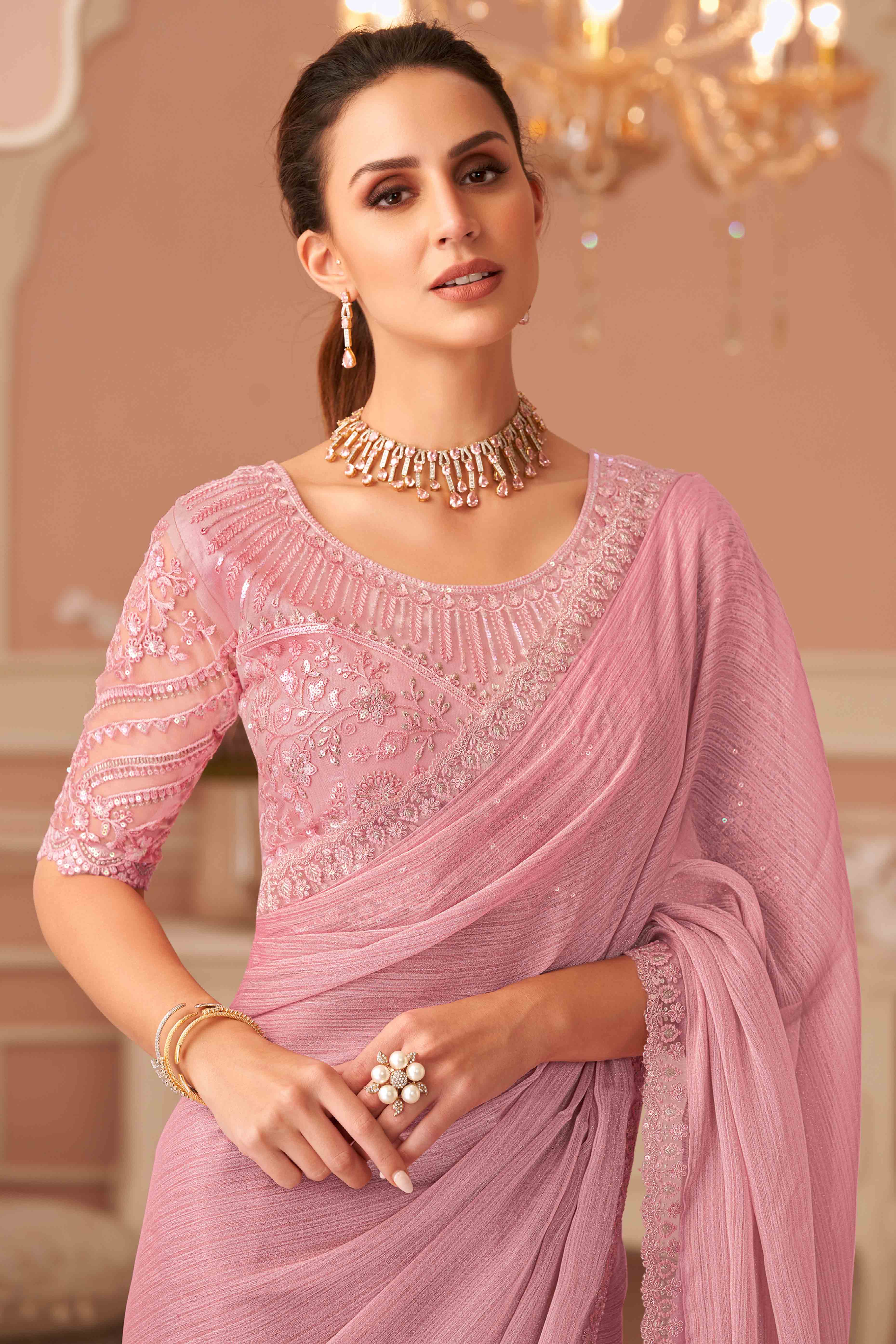 Pink Sequins Embroidered Georgette Saree - Image 3