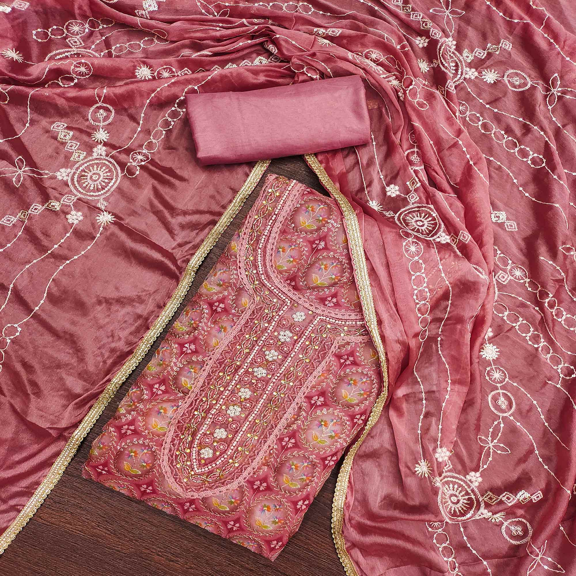 Pink Sequins Embroidery With Handwork Organza Dress Material - Image 3