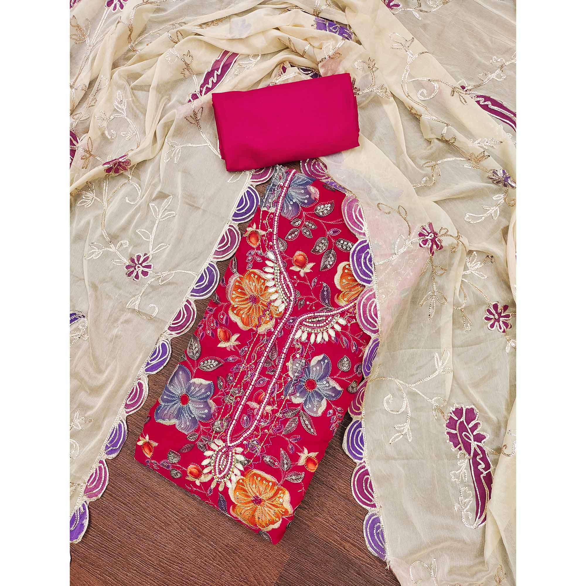 Pink Sequins Embroidery With Handwork Organza Dress Material - Image 3