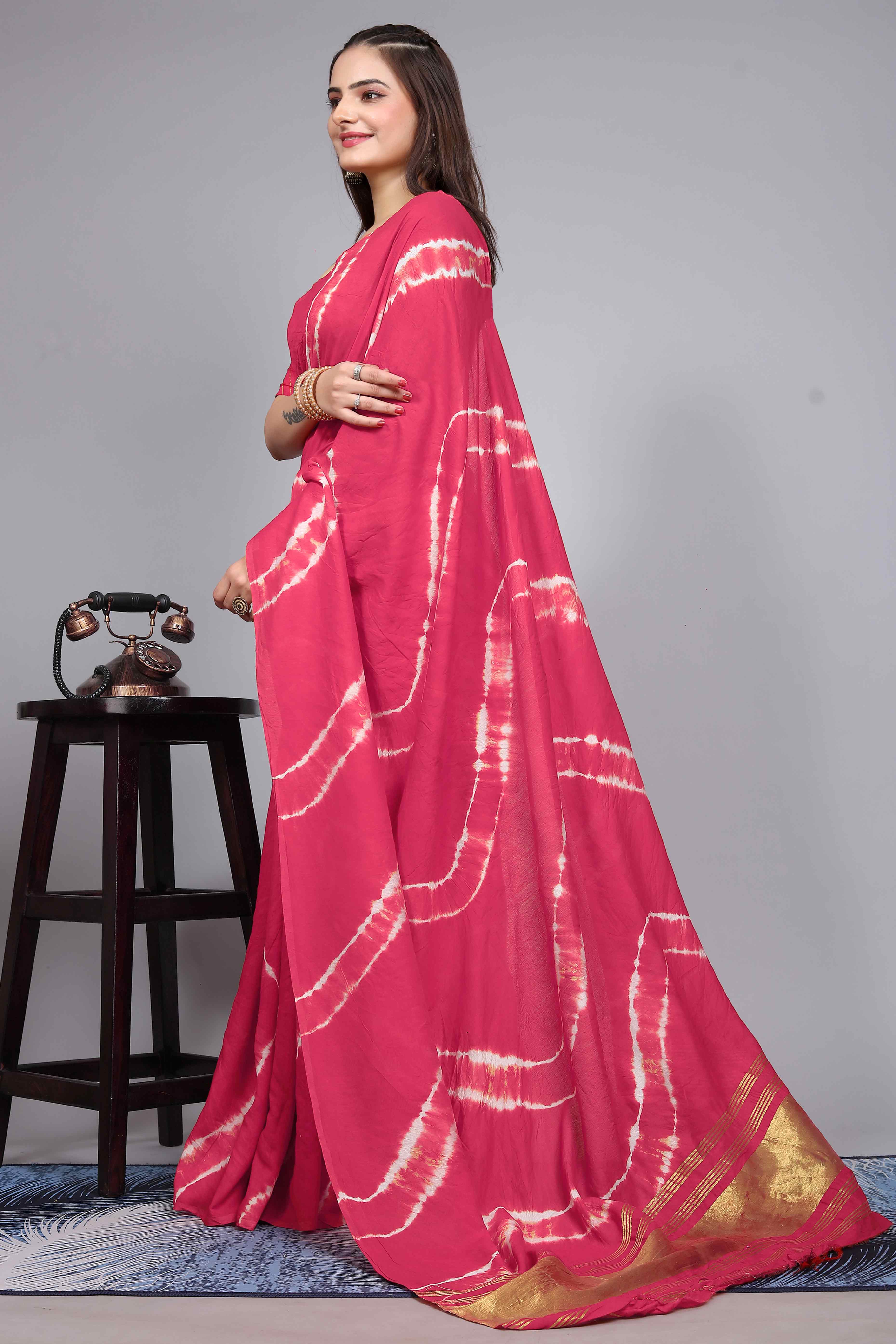 Pink Shibori Leheriya Printed Chanderi Cotton Silk Lagdi Patta Saree - Image 4