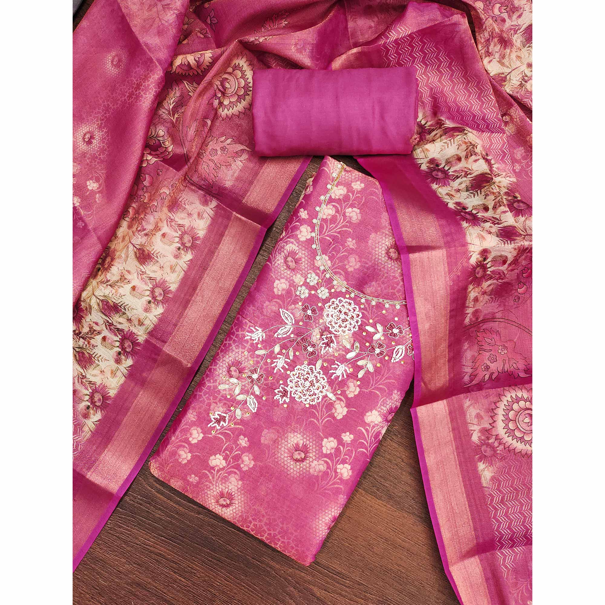 Pink Shimmer Cotton Silk Suit Fabric with Printed Motifs and Thread Embroidery - Image 3