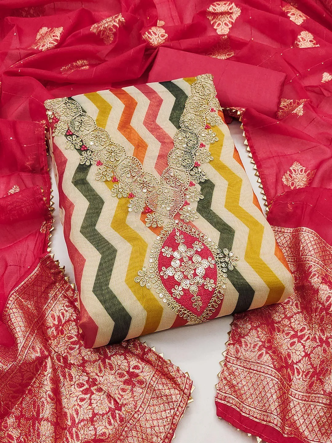 Pink Shimmer Silk Dress Material Featuring Stylish Zig-Zag Printed Patterns