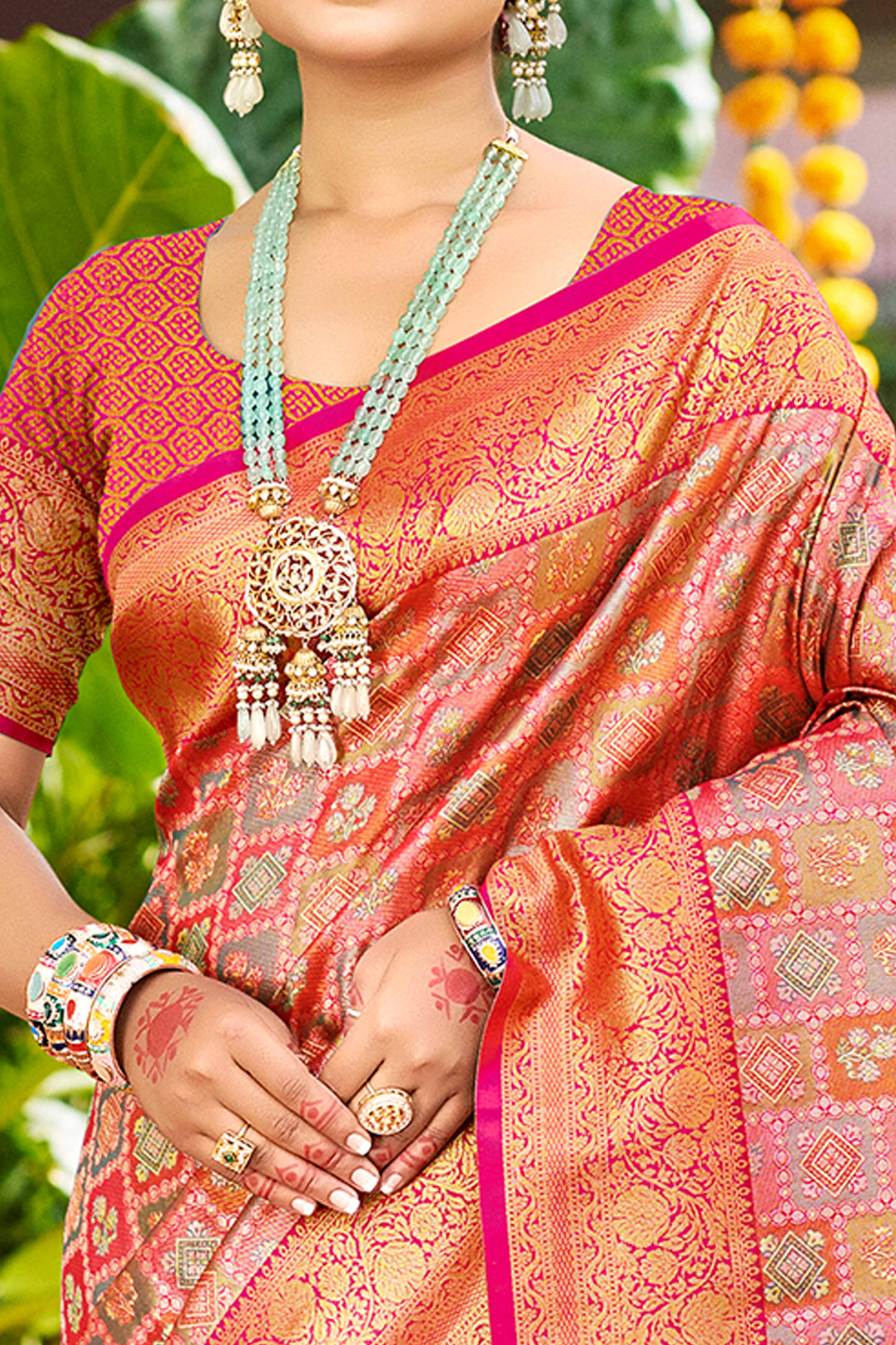 Pink Silk Blend Dharmavaram Saree Featuring Ornate Floral Weaves & Tassels Pallu - Image 2
