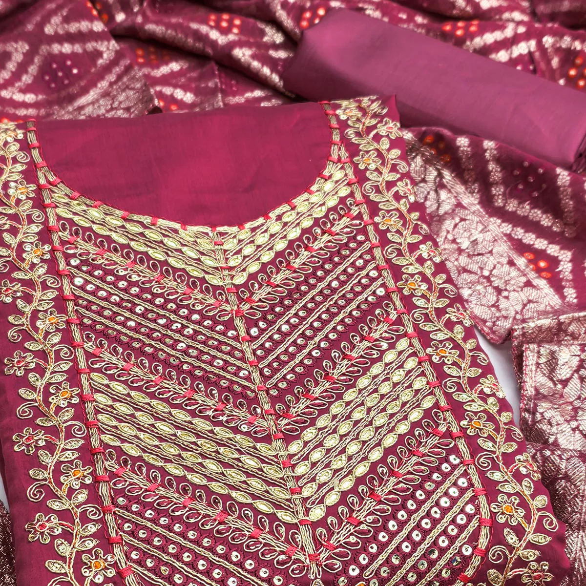 Pink Silk Blend Dress Material Adorned With Floral Cording Embroidery & Elegant Sequins Work - Image 2
