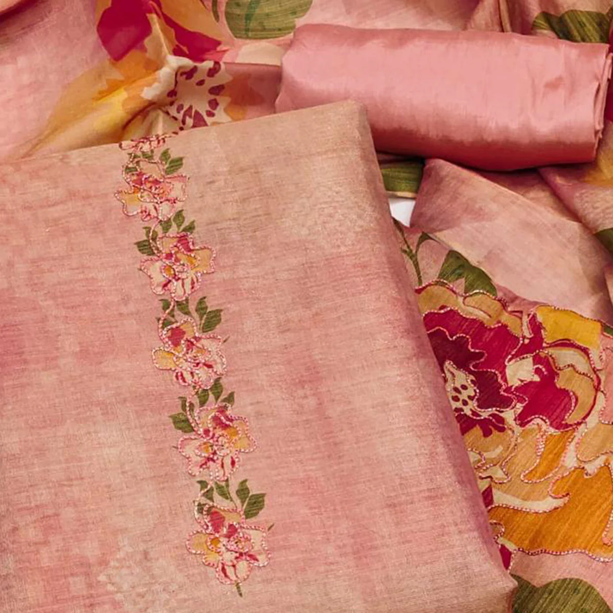 Pink Silk Blend Dress Material With Floral Print Accents & Delicate Thread Embroidery - Image 2