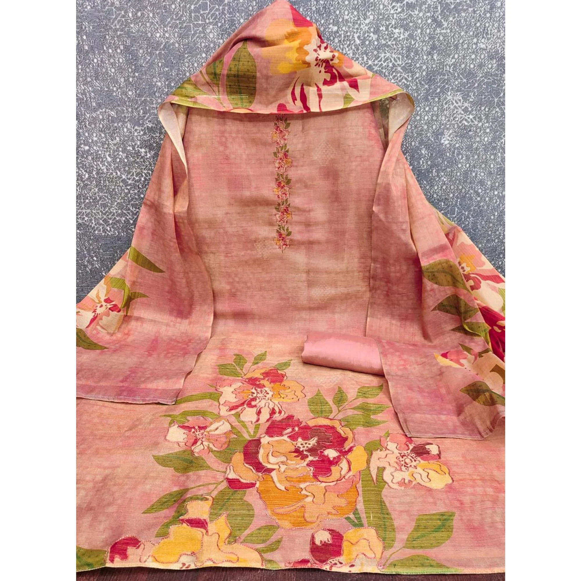 Pink Silk Blend Dress Material With Floral Print Accents & Delicate Thread Embroidery - Image 3
