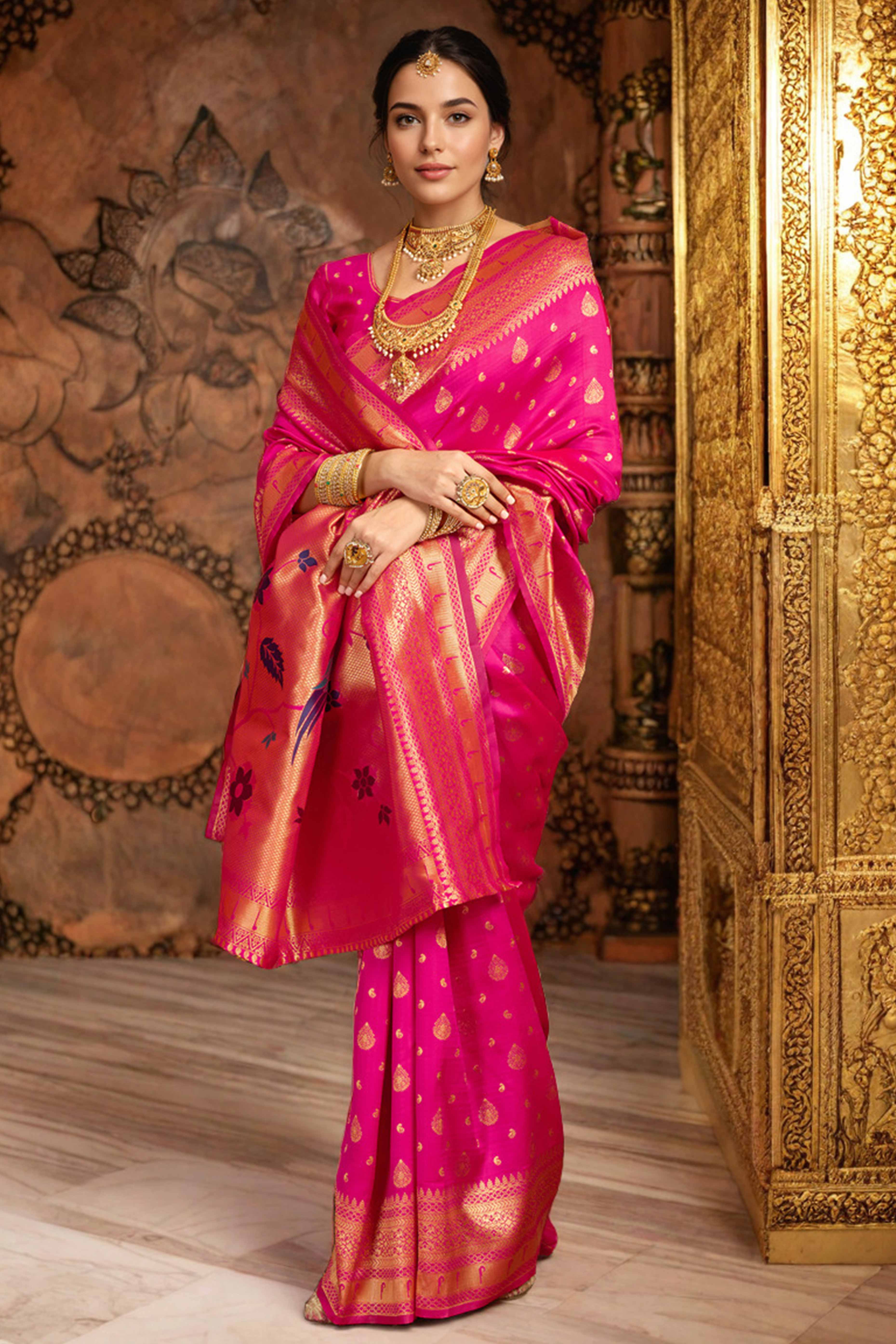 Pink Silk Blend Paithani Saree Showcasing Rich Zari Weaving With Birds & Floral Accents - Image 3