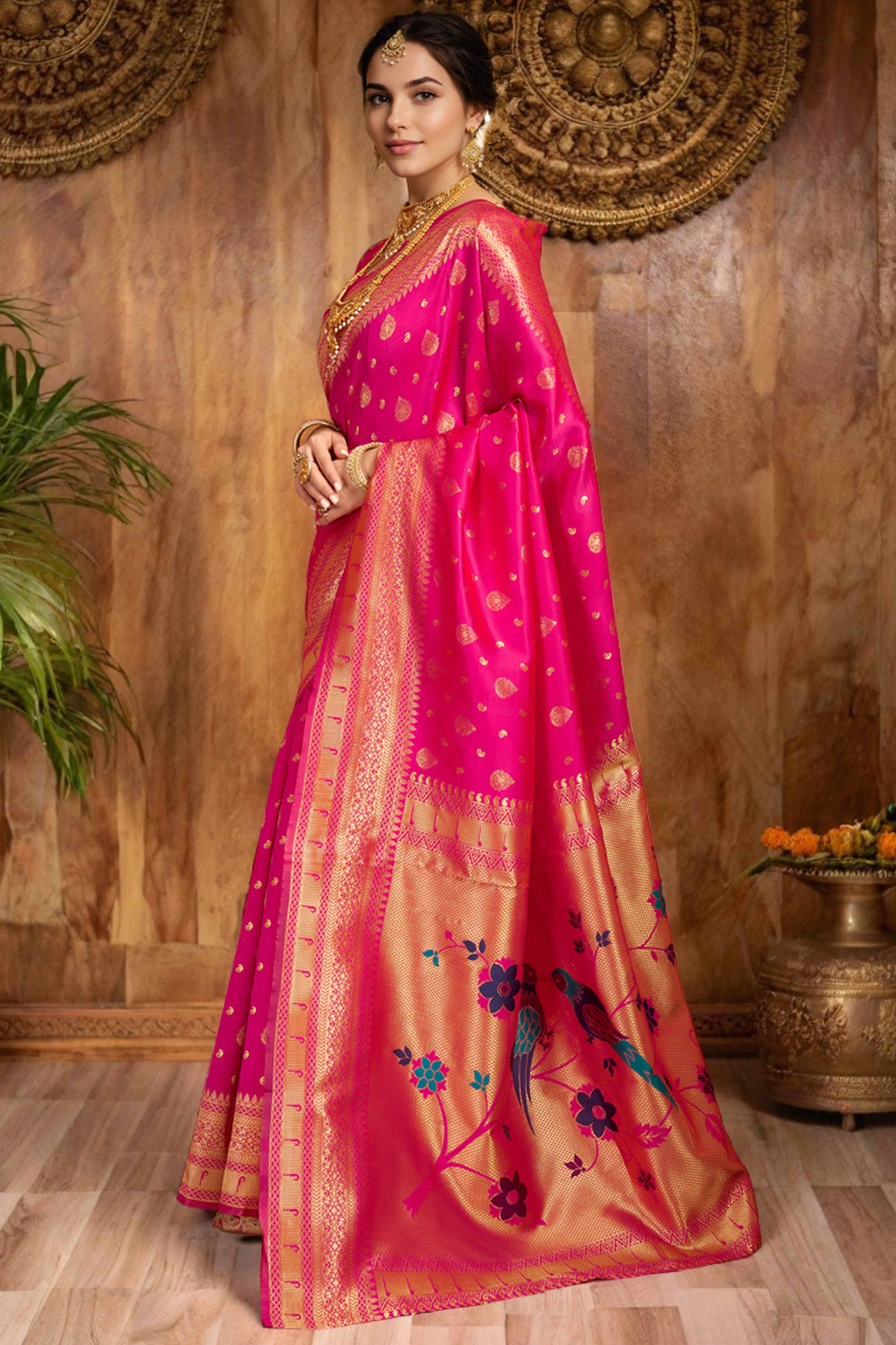 Pink Silk Blend Paithani Saree Showcasing Rich Zari Weaving With Birds & Floral Accents - Image 4