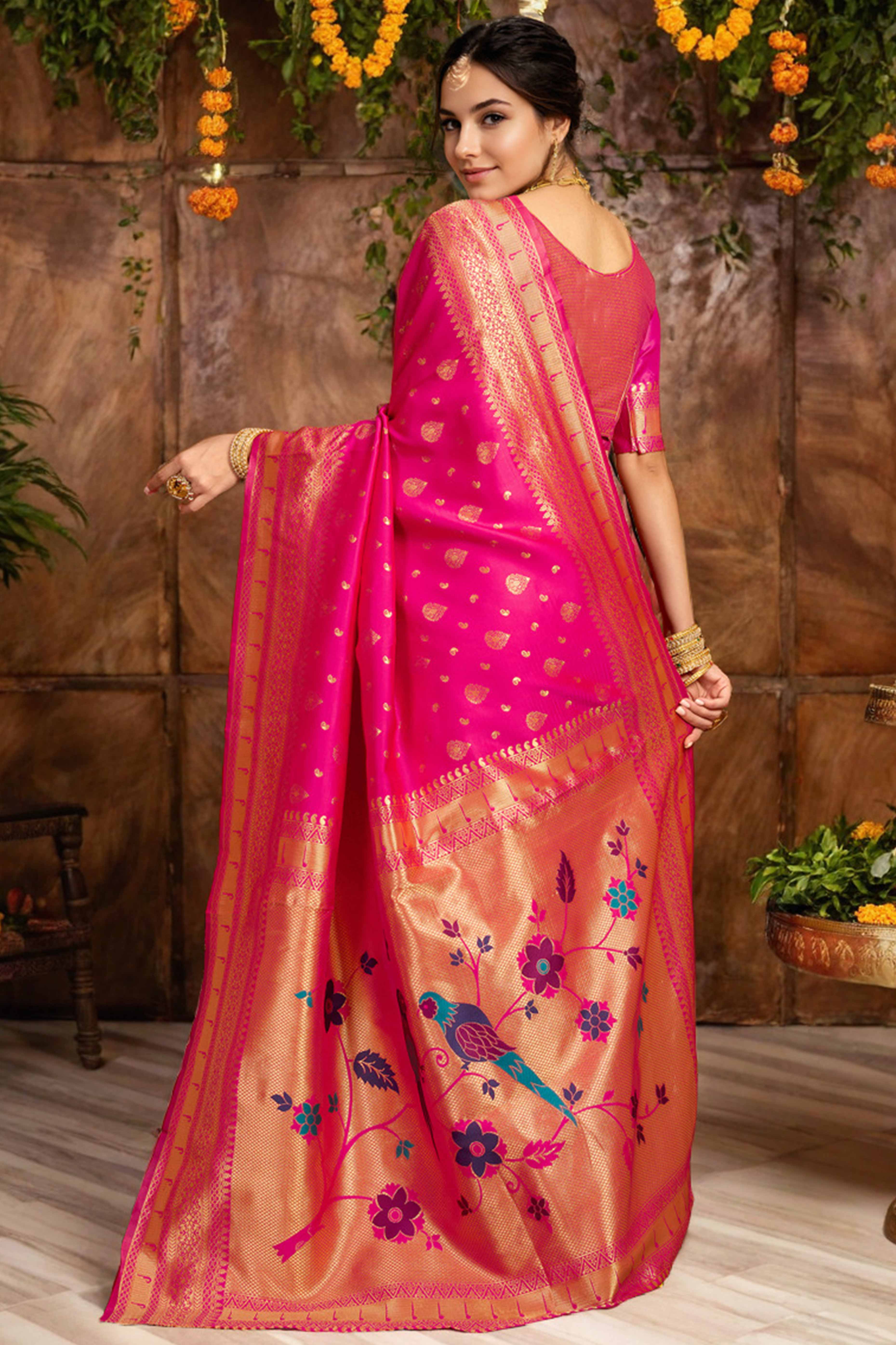 Pink Silk Blend Paithani Saree Showcasing Rich Zari Weaving With Birds & Floral Accents - Image 5