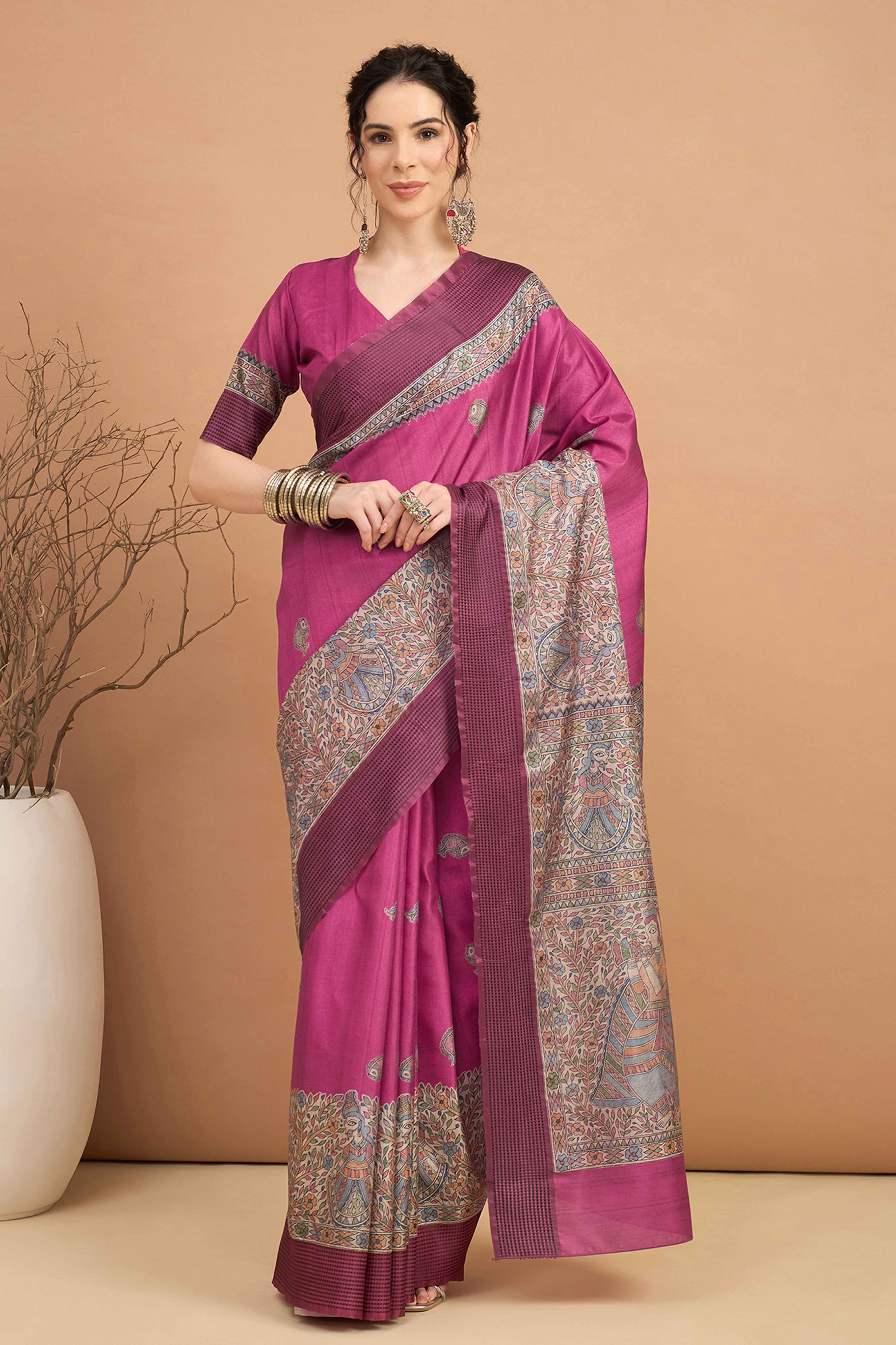 Pink Silk Blend Saree with Delicate Floral Motifs
