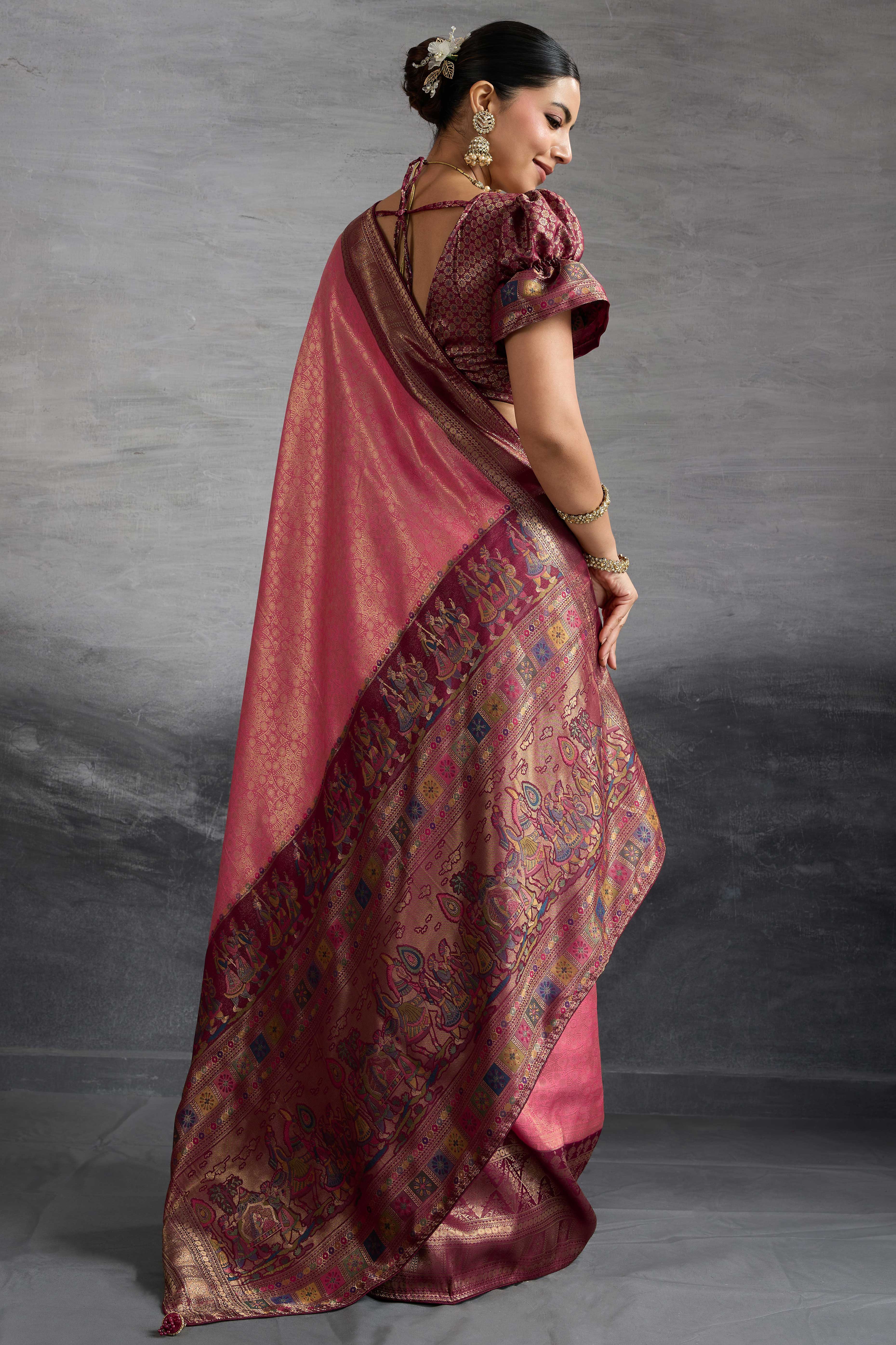 Pink Silk Kanjivaram Silk Saree Enhanced With Meenakari Weaving Borders - Image 5