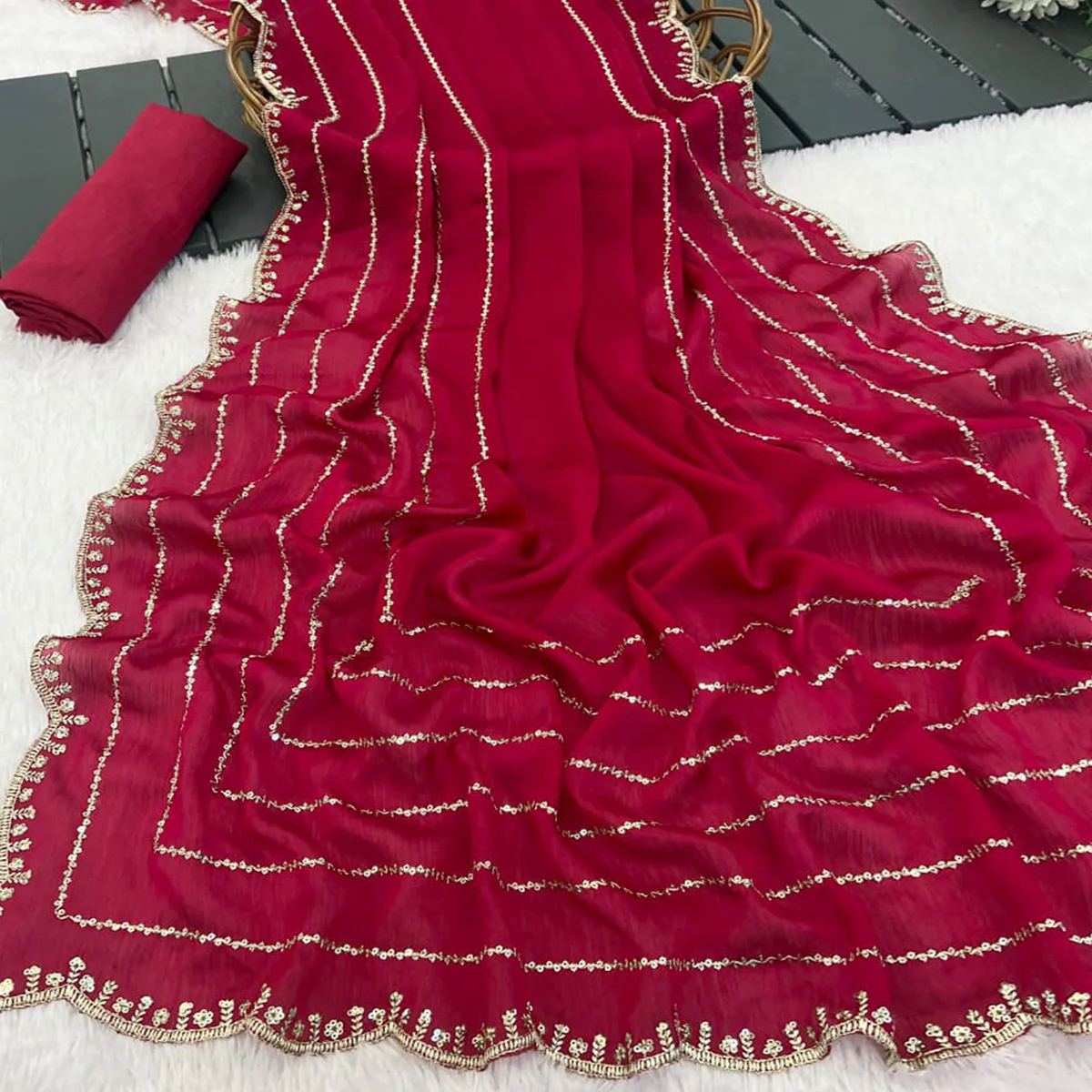 Pink Soft Satin Chiffon Saree Embellished with Intricate Sequins Detailing - Image 2