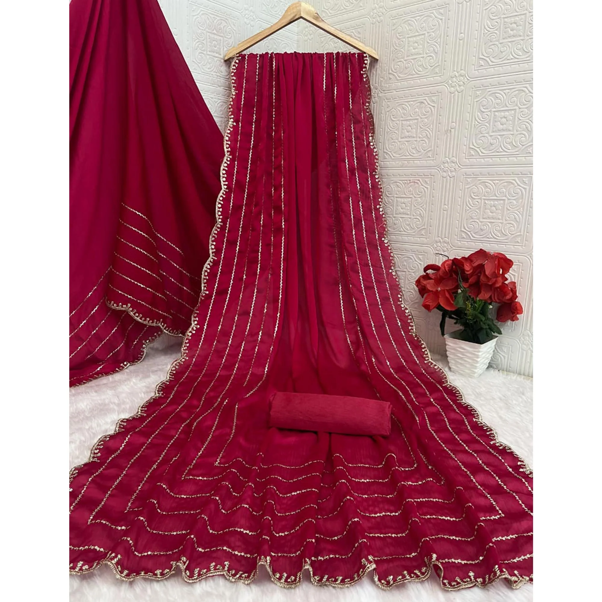 Pink Soft Satin Chiffon Saree Embellished with Intricate Sequins Detailing - Image 3